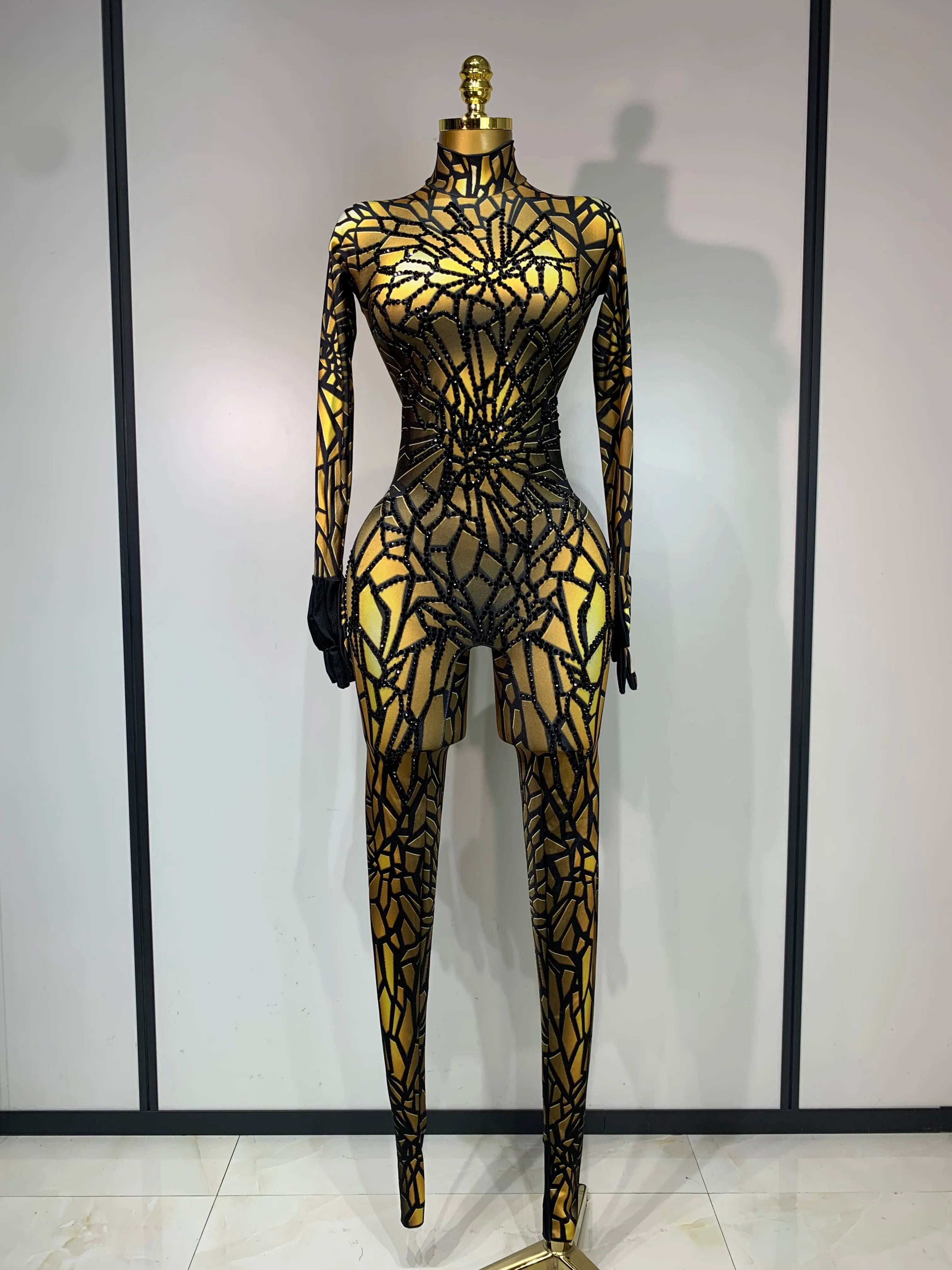 Women Sexy Black Rhinestone Stretch Bodycon Jumpsuit Club Evening Party Birthday Wear Singer Dancer Stage Perform Costume