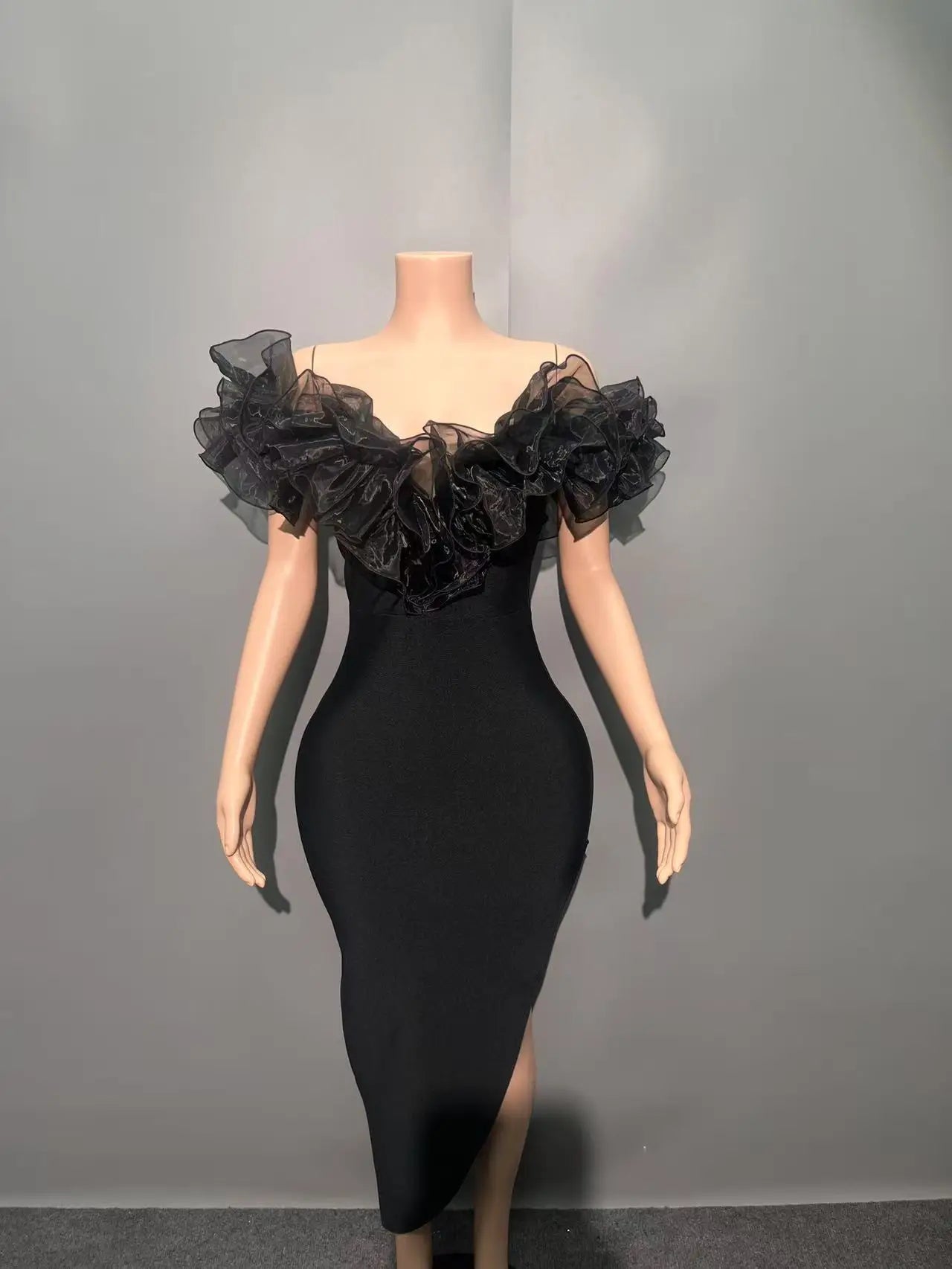 High Quality Women Slash Neck Ruffles Bodycon Bandage Mid-calf Dress Celebrate Nightclub Party Birthday Outfit Wholesale