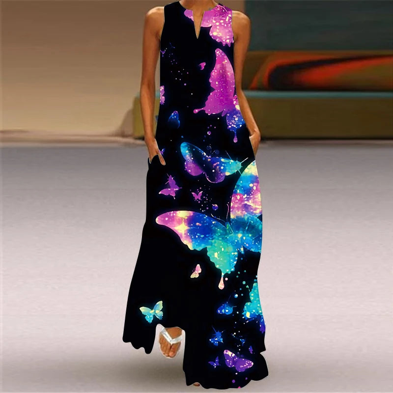 Fashionable Women's Hollow V-neck Maxi Dress Fresh Flower Print Sleeveless Loose Straight Beach Seaside Vacation Long Dress