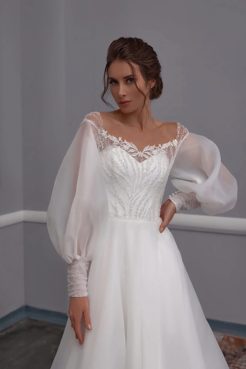 Princess Wedding Dress Long Puff Sleeve Organza A-Line Lace Appliques For Women Button Back Long Trail Gorgeous Bridal Gowns