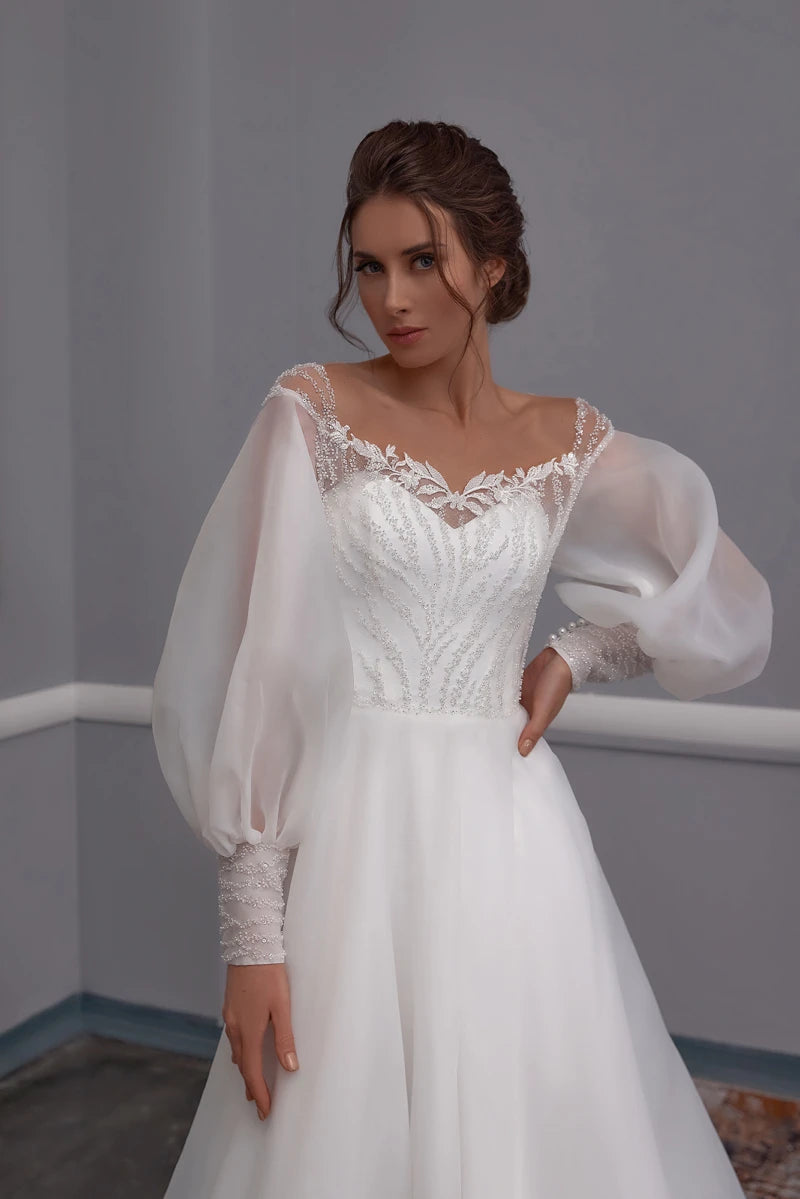 Robe de mariée princesse à manches longues bouffantes, ligne a en Organza avec des Appliques en dentelle pour femmes, bouton au dos, longue piste, robes de mariée magnifiques