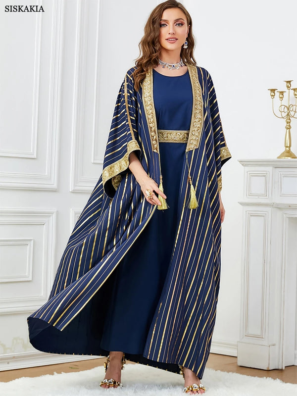 Luxury Caftan Marocain Femme Evening 2 Piece Abaya Set Jalabiya Woman Blue Stripe Sequins Belted Robe Africano Mujer