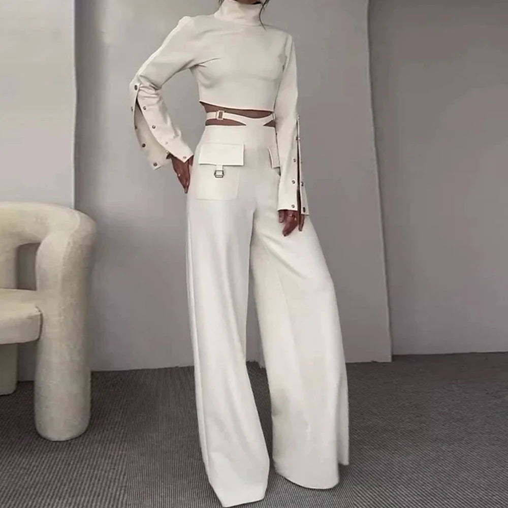TWOTWINSTYLE Streetwear Two Piece Set For Women Stand Collar Long Sleeve Top High Waist Pant Wide Leg Pant Chic Sets Female New