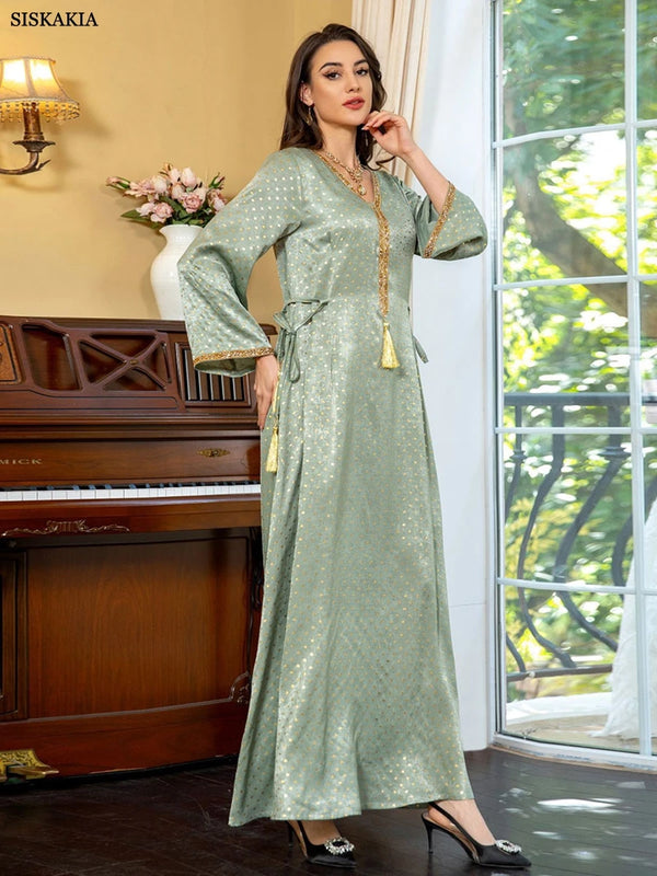 Dubai Muslim Women Casual Long Dresses Moroccan Saudi kaftan Clothing Solid Velour Belted Gold Stamping Abayas 2024 New