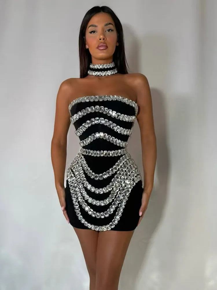 Women Summer Celebrity Sexy Strapless Beading Black Mini Bodycon Bandage Dress 2025 Elegant Evening Club Party Dress