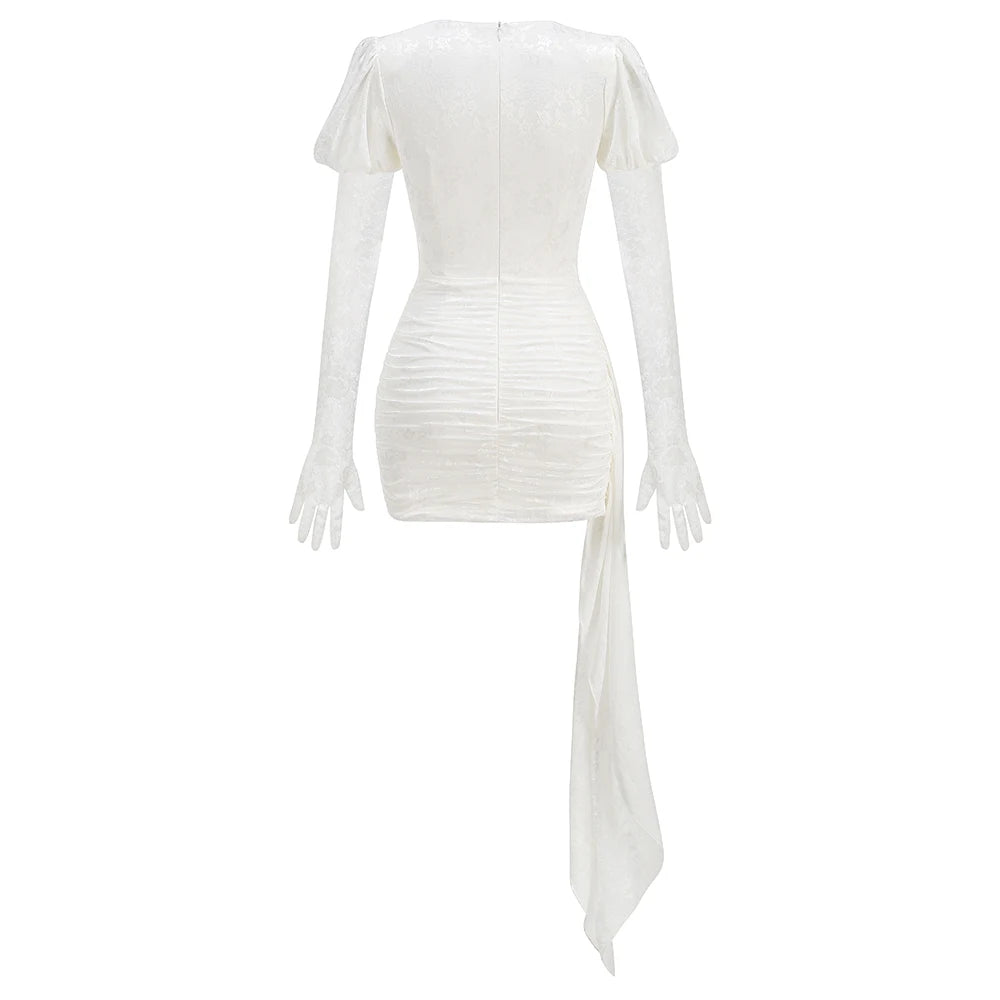 New Arrival White Red Women Long Sleeve Sexy Lace Draped Bodycon Mini Dress Gloves Nightclub Party Celebrate Birthday Dress