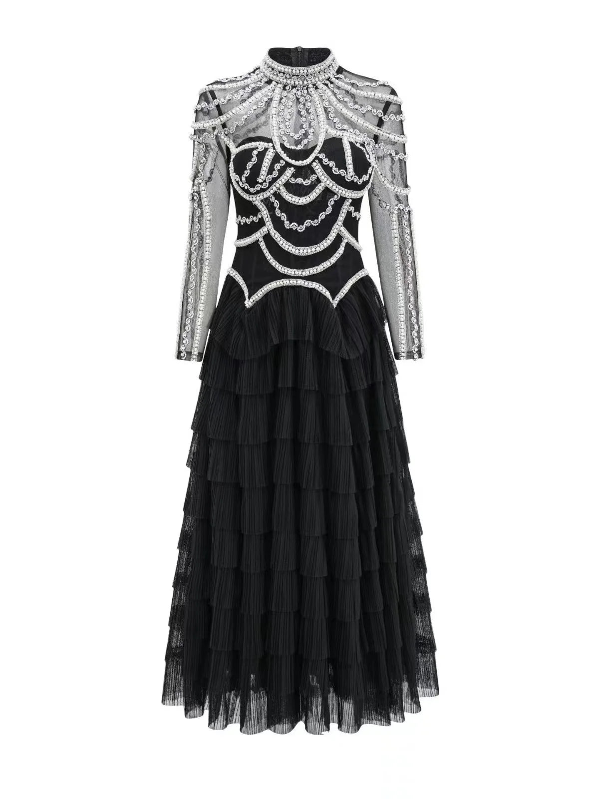 Elegant Red Carpet Evening Party Dress Women Long Sleeve Sexy Shinning Crystal Pearl Beading Ball Gown Long Dress 2024 New Style
