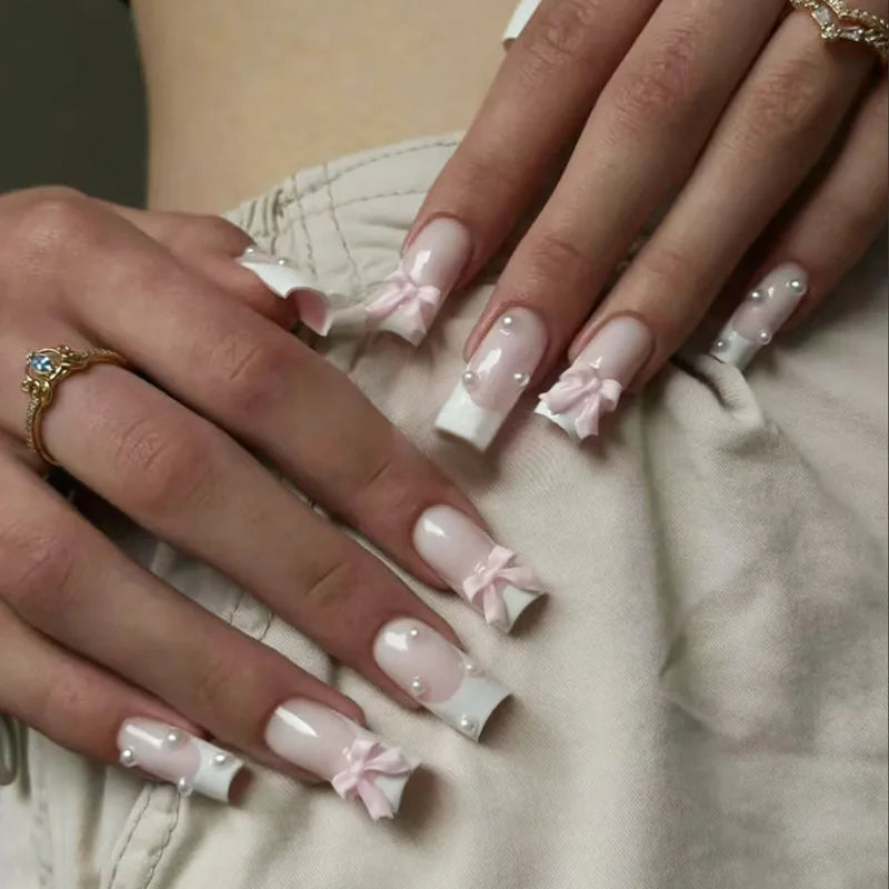 White French Style Fake Nails Gentle Pink Press on Nails 3D Bowknot Design Almond Charm Manicure Korean Fashion False Nail 24Pcs