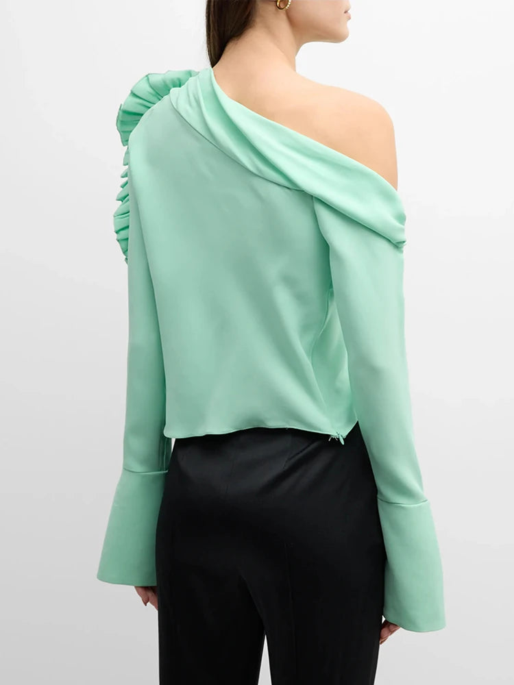 TWOTWINSTYLE Patchwork Appliques Asymmetrical Blouse For Women Diagonal Collar Long Sleeve Solid Pullover Shirts Female Fashion