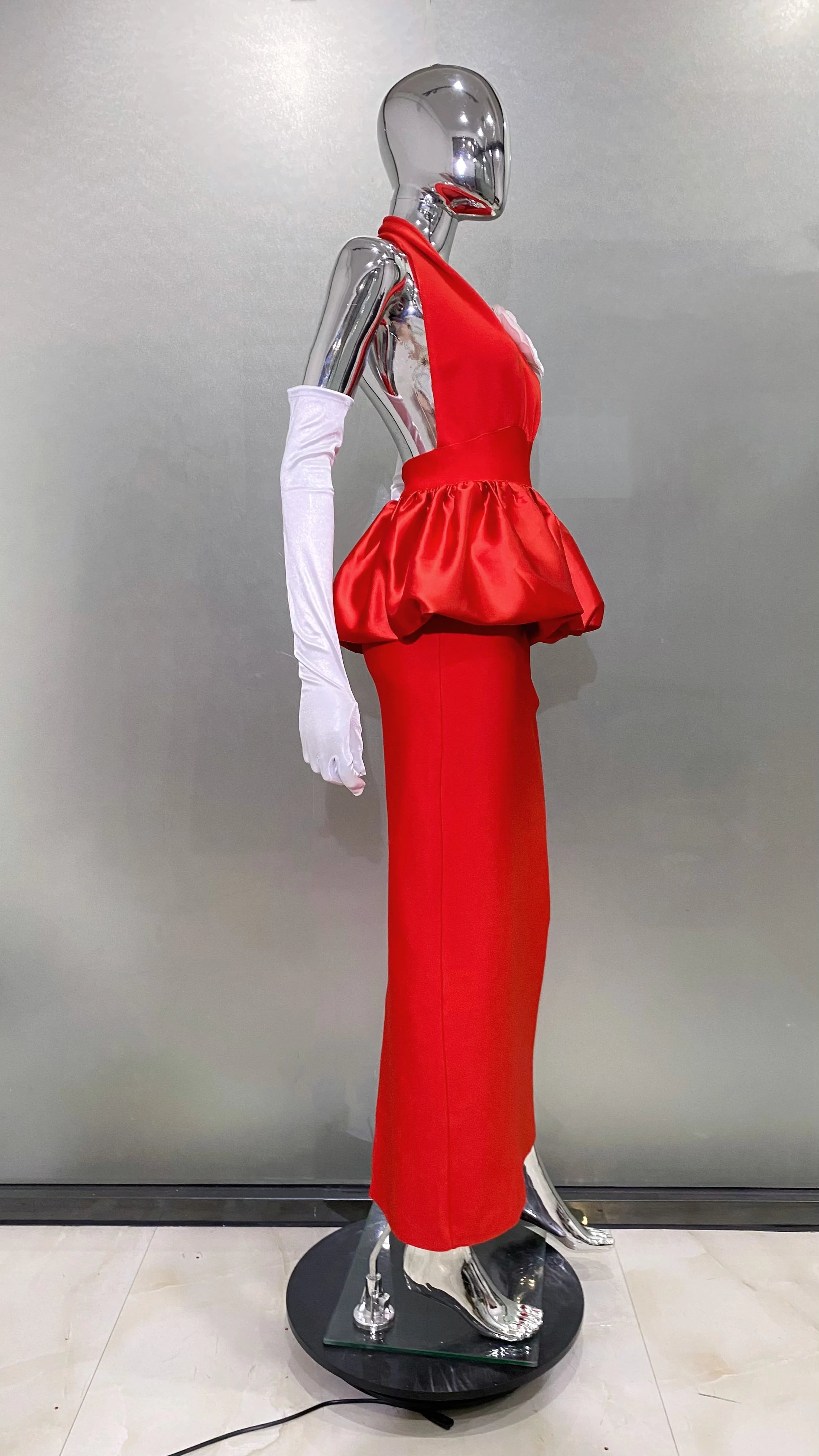2025 New Red Color Women Sexy Halter Backless Bodycon Long Bandage Dress Gloves Celebrate Performance Costume Stage Wear