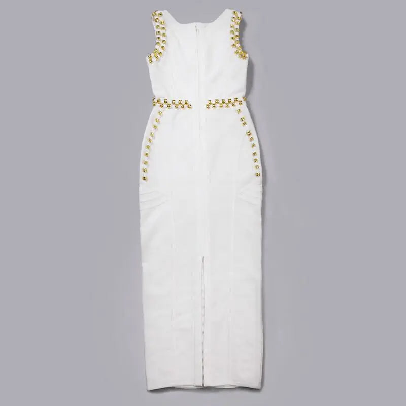 2023 New Women Sexy Diamond Embellished Bodycon Long Bandage Dress Elegant Rayon Backless Sleeveless Party Dress