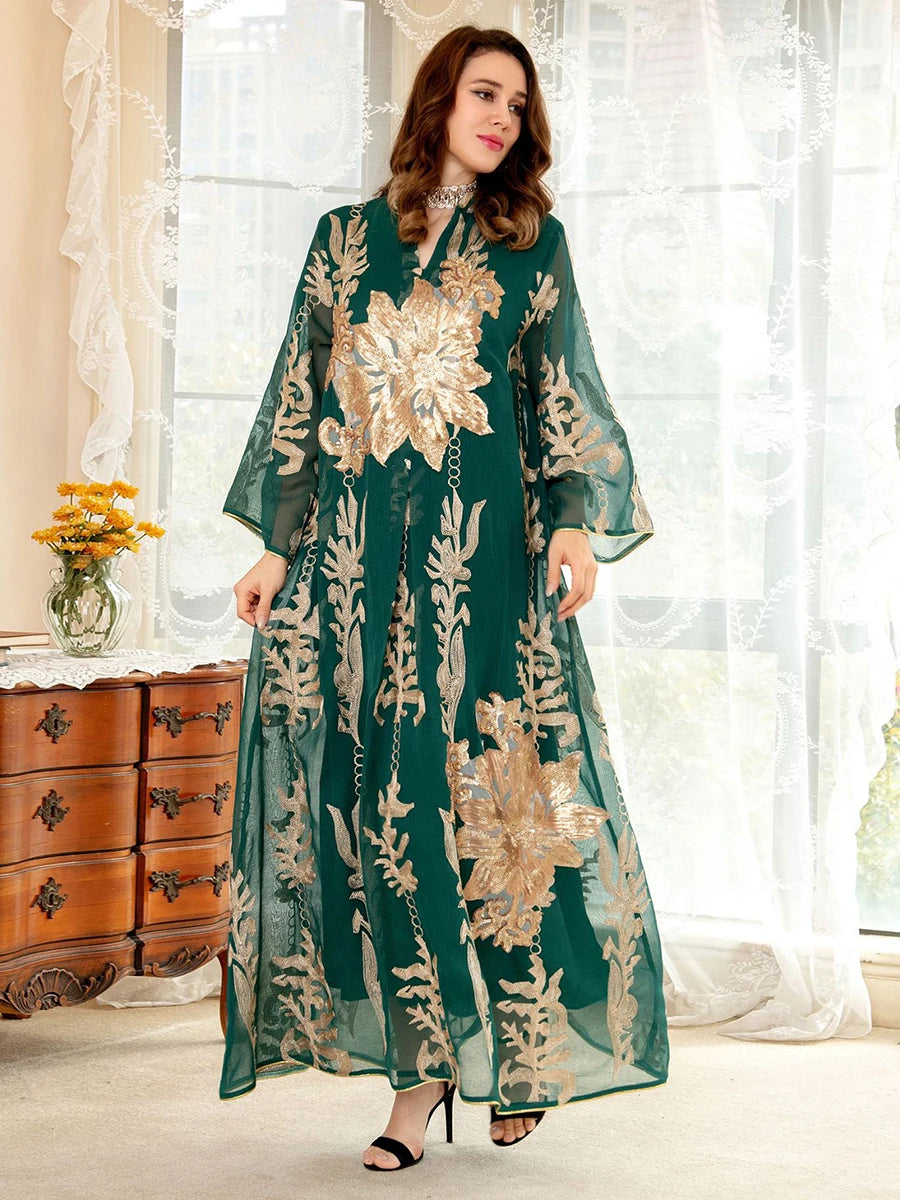 Sequins Embroidered Abaya Dress For Women Moroccan Kaftan Turkey Arabic Jalabiya White Islamic Ethnic Robe 2023 Eid New Green Dress