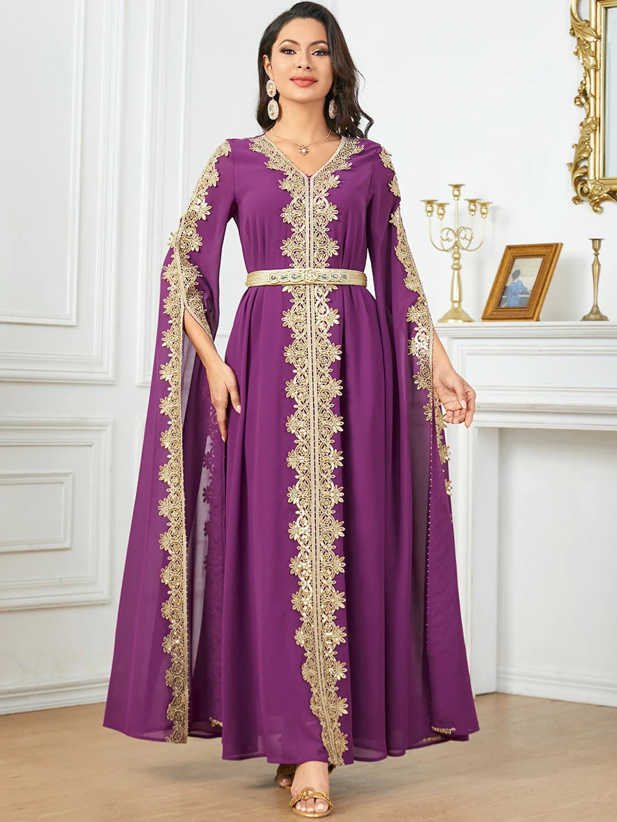 Moslim Saudi -vrouwen elegante etnische jurken met winkels kanten tape super lange mouw Turkse Afrikaanse partij abayas 2024