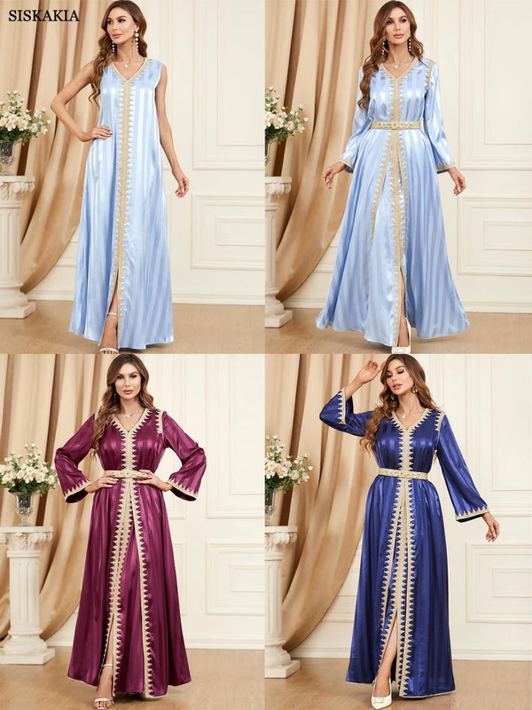 Ramadan Satin 2 Piece Caftan Set Muslim Abaya Solid Tape Trim Full Sleeve V-Neck Elegant Sashes Turkish Arabic Dresses