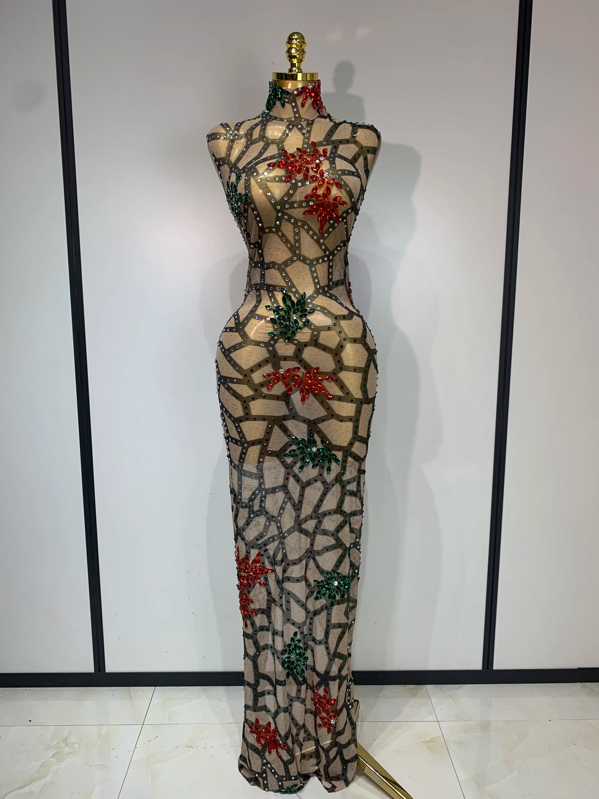 Women Sexy Mesh See Through Sparkly Rhinestone Long Maxi Dress Luxury Birthday Evening Party Prom Gowns Singer Stage Costume