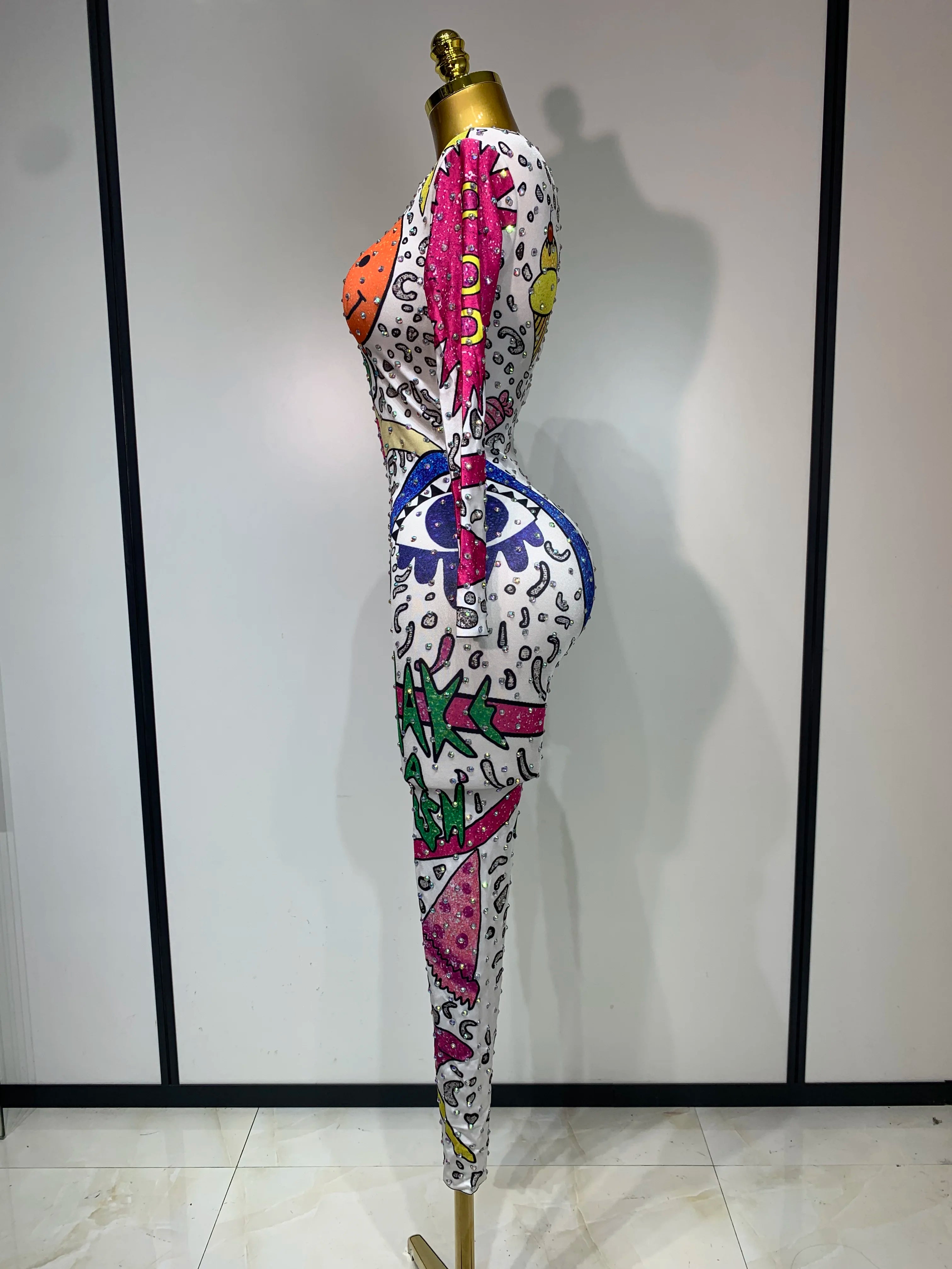 Sparkly Colorful Balloon Cartoon Stretch Sexy Dance Stage Jumpsuit Birthday Party Shiny Rhinestone Performance Club Stage Outfit