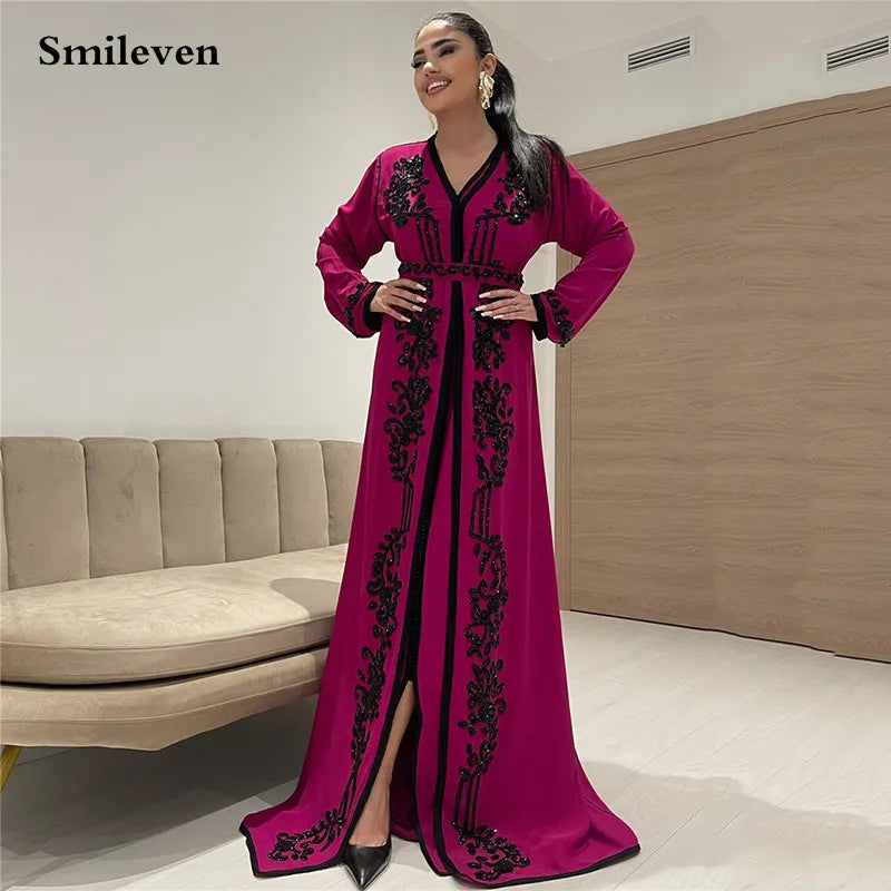 pitaya Color V Neck Moroccan caftan Evening Dresse Long Sleevees Lace Special Occasion Dress Lace Party Gown