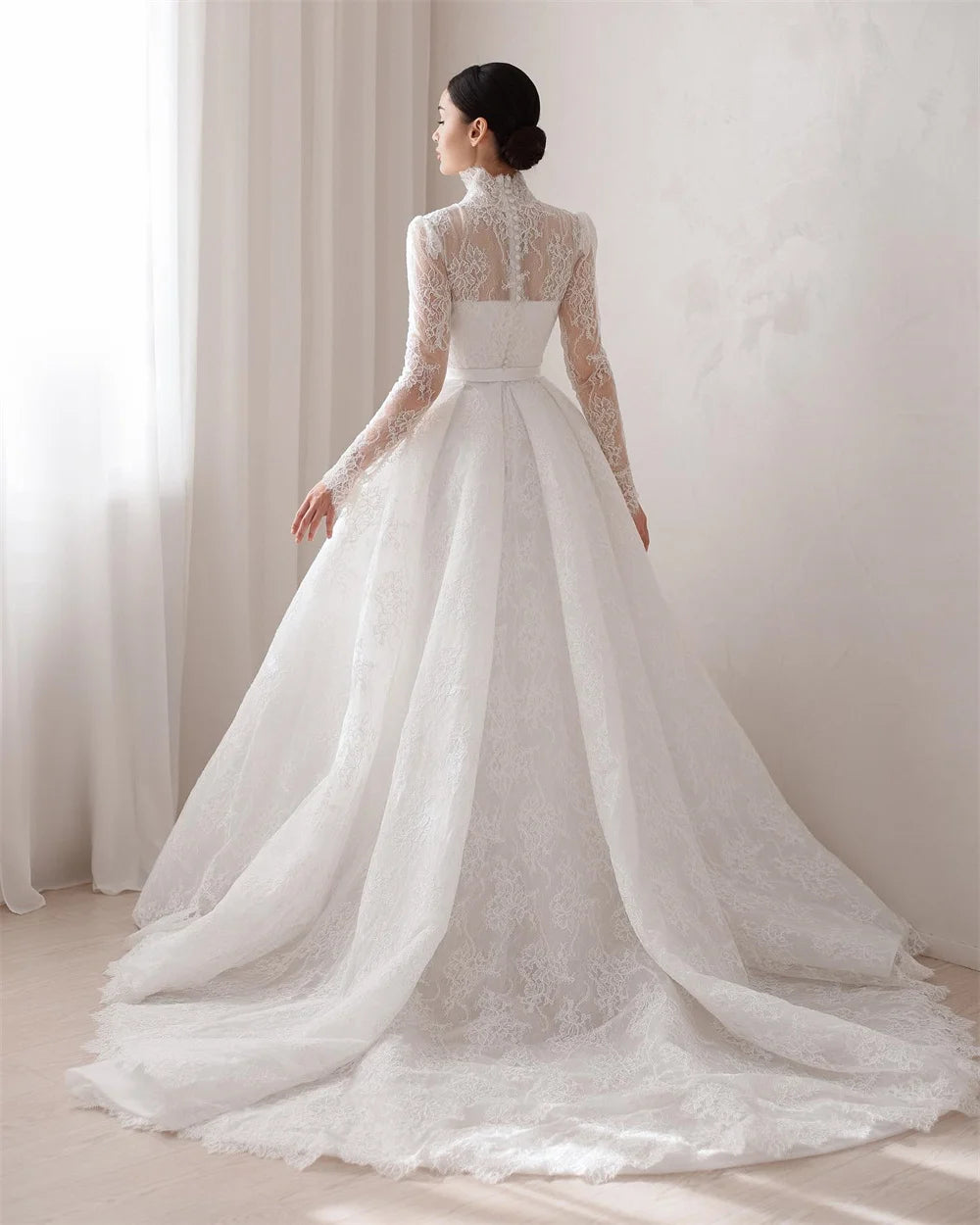 Modest V Neck Full Lace Long Sleeves Wedding Dresses A Line Soft Tulle Bohemian Bridal Dress for Bride Vestido de noiva Elegant