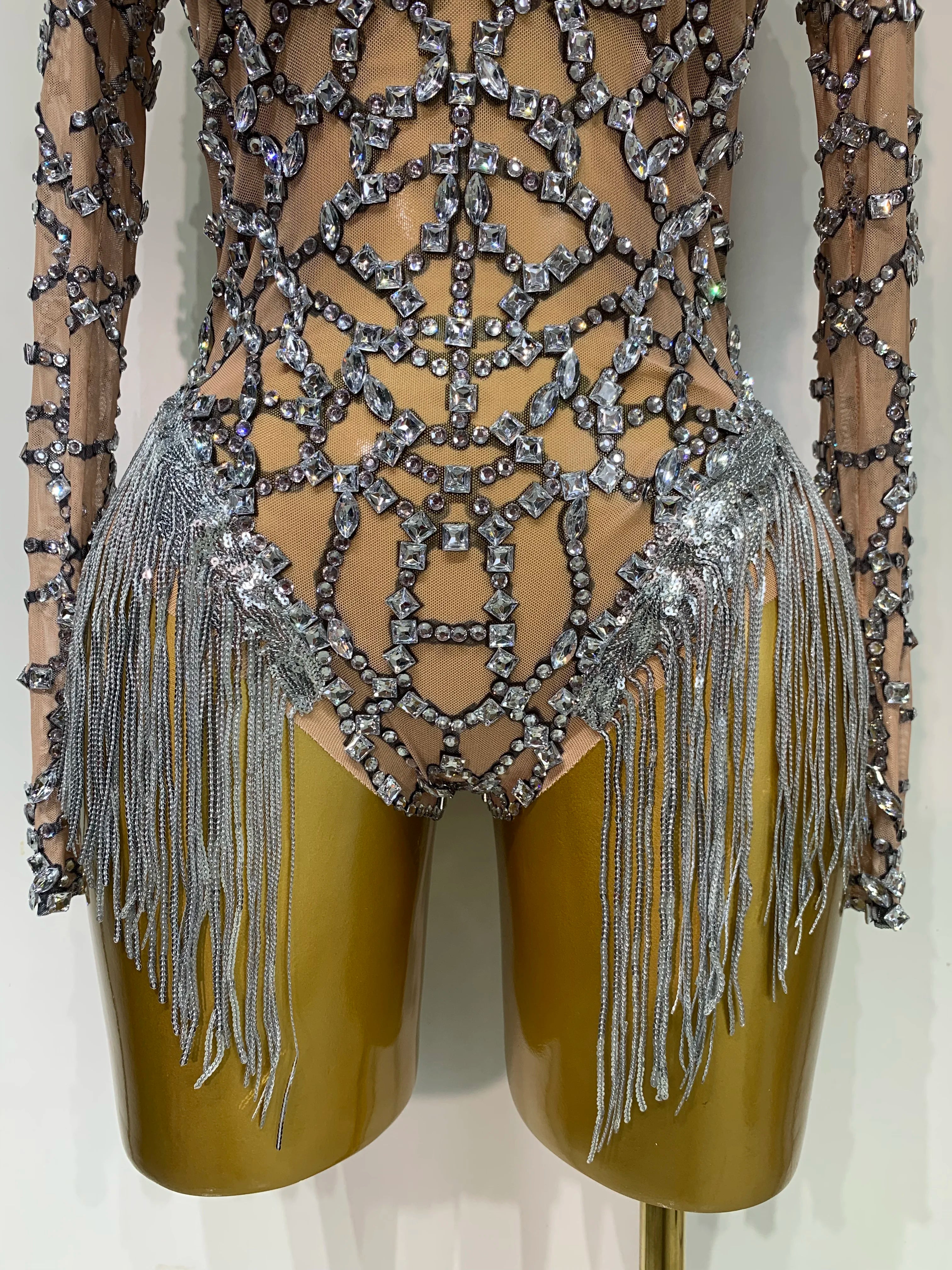 Shining Diamond Tassel Bodysuit Nightclub Stage Tight Mesh Long Sleeved High Quality Nightclub Singer Performance Costume