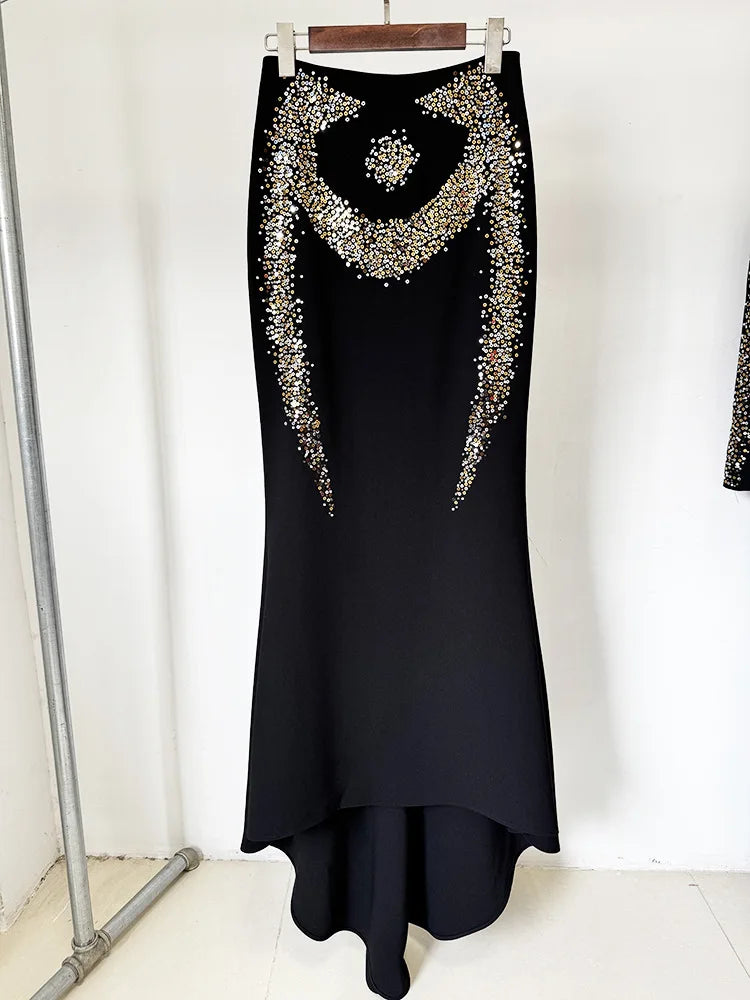 2025 New Autumn Women Long Sleeve Sexy Shinning Rhinestones 2 Pieces Bodycon Long Skirt Set Formal Evening Party Celebrate Set