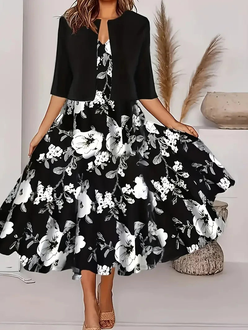 2025 autumn new women's long crewneck printed dress short needle two-piece cardigan short coat
