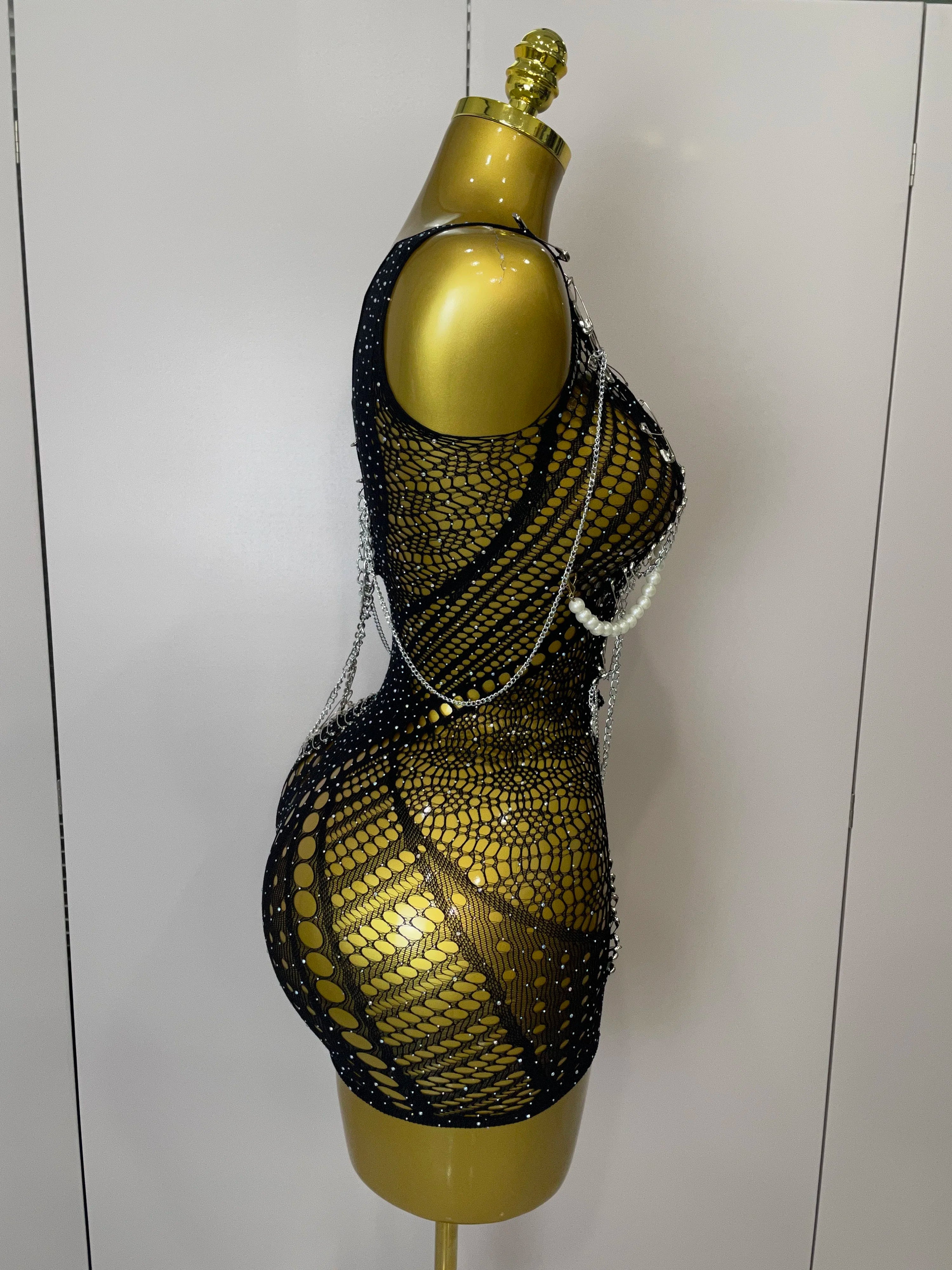 Women Sexy See-Through Bodysuit Black Pin Sheath Mini Dress Evening Birthday Party Nightclub Singer Dancer Performance Costume
