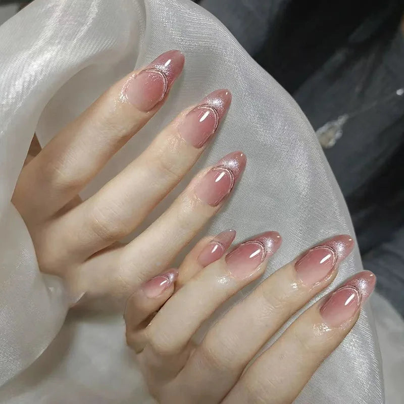 30Pcs Blush Cat Eye Glitter Shading Fake Nails Wearable Acrylic Nail Tips with Small Broken Diamond Sweet Simple Almond Manicure