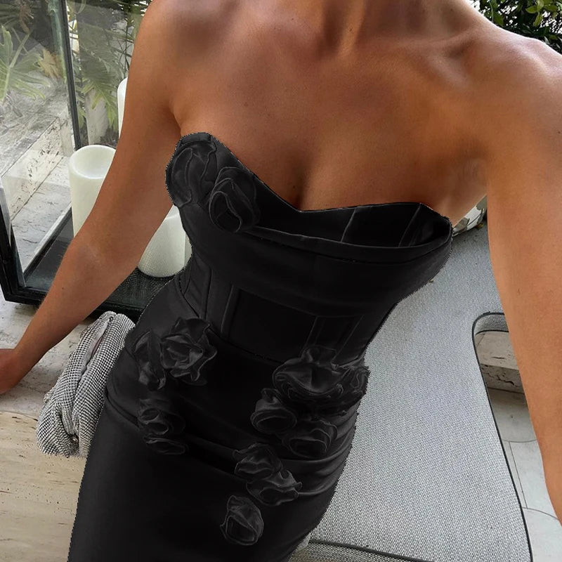 Pink Red Color Women Sexy Strapless Off the Shoulder Florals Bodycon Long Bandage Dress Celebrate Fashion Evening Party Outfit
