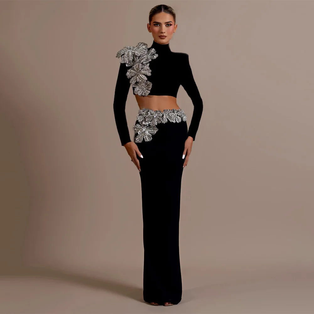 High Quality Women Long Sleeve Diamond Flowers 2 Pieces Bodycon Mini Bandage Dress Celebrate Nightclub Party Outfit Vestido