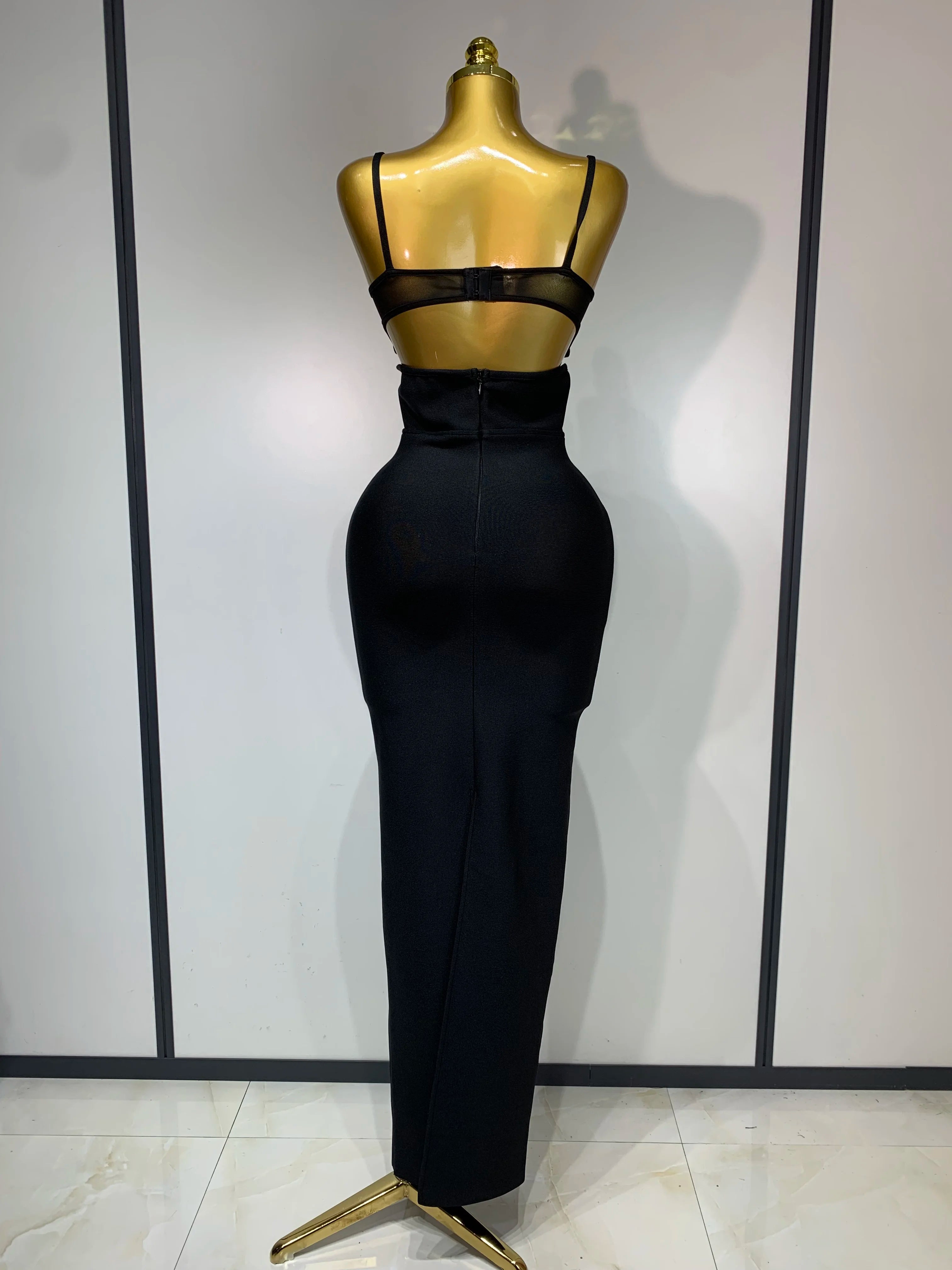 Fashion Black Spaghetti Strap Maxi Long Bandage Dress Mesh Cut Out Elegant Celebirty Bodycon Evening Club Party Birthday Dresses
