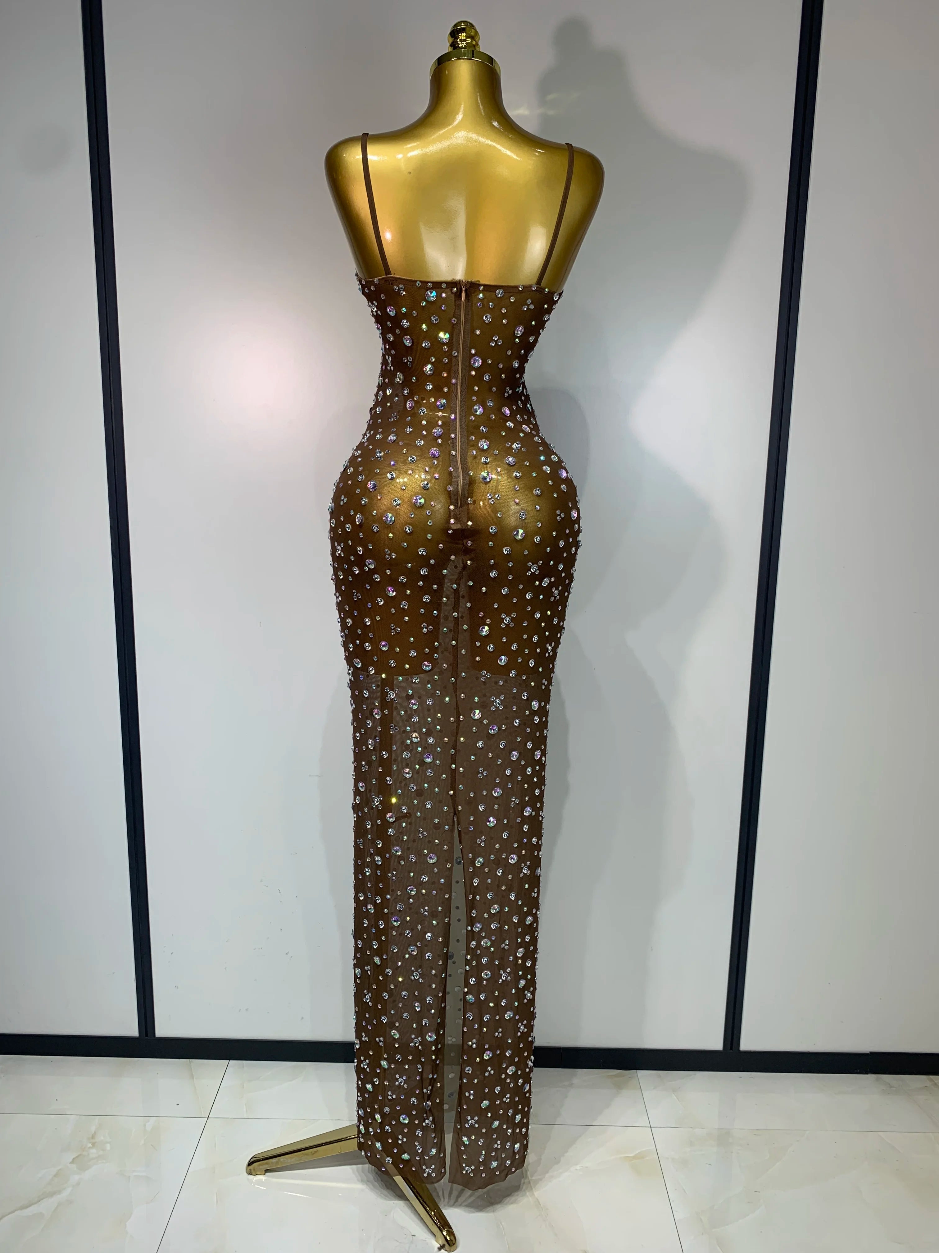 Sparkly Rhinestone Stretchy Mesh See Through Dress Women 2025 Performance Dancer Costume Luxury Birthday Nightclub Stage Outfit