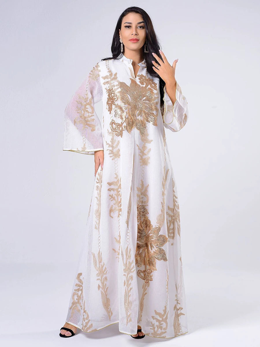 Cekiny haftowane Abaya Dress for Women Marokan Kaftan Turkey Arabic Jalabiya Biała islamska szata etniczna 2023 NOWOŚĆ EID