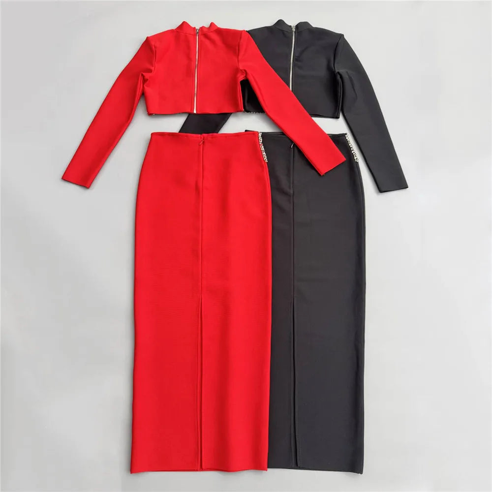 2025 New Black Red Women Long Sleeve Shinning Diamond 2 Pieces Bodycon Bandage Long Dress Elegant Normal Evening Party Outfit