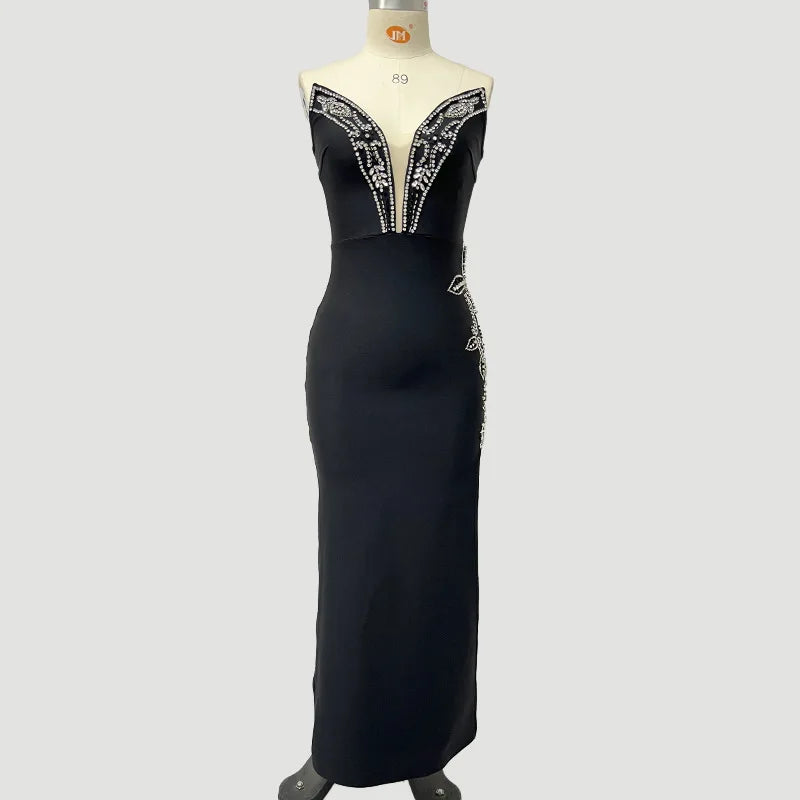 Top Quality Women Shinning Crystal Strapless Off the Shoulder Bodycon Long Bandage Dress Elegant Evening Party Birthday Outfit