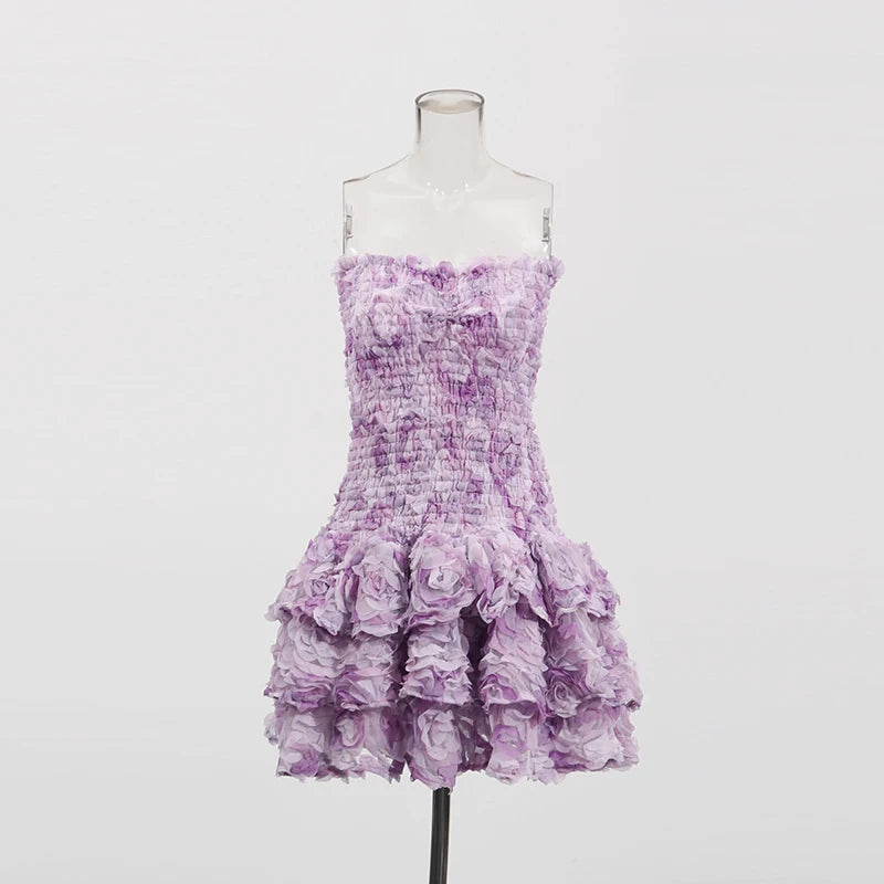 TWOTWINSTYLE Colorblock Fashion Temperament Dresses for Women Strapless Sleeveless Patchwork 3D Flowers Dress Female Clothing