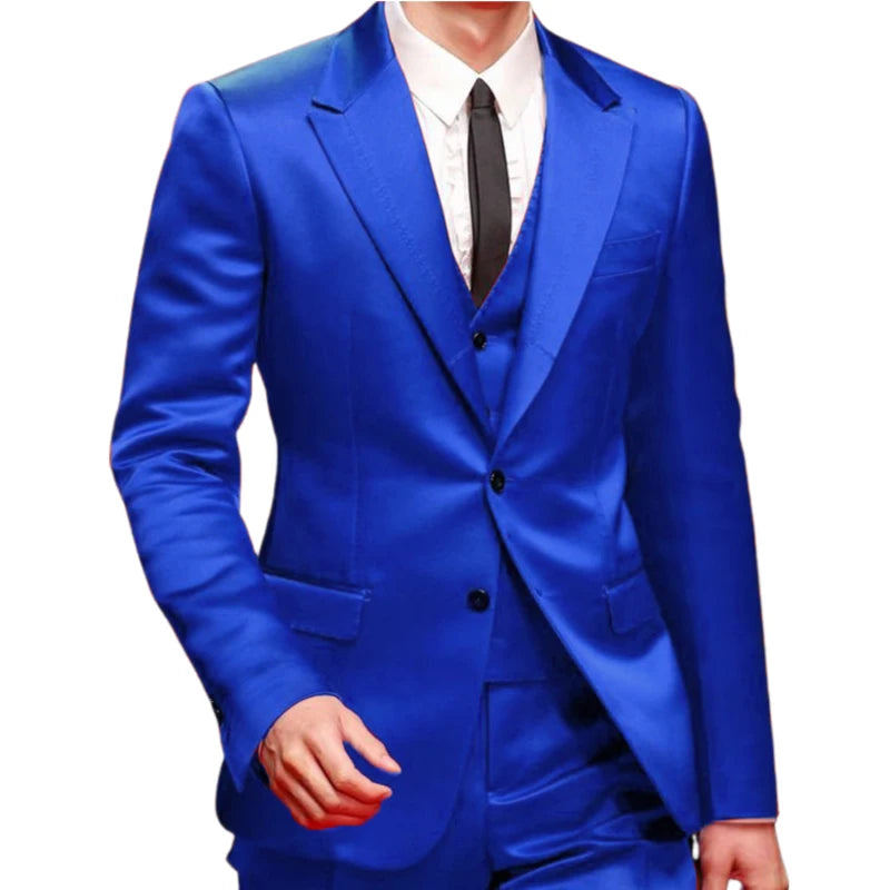 Slim Fit Red Men Suits for Prom Singer Stage 3 Piece Satin Wedding Groom Tuxedo Male Fashion Jacket Waistcoat with Pants 2023 ROYAL BLUE