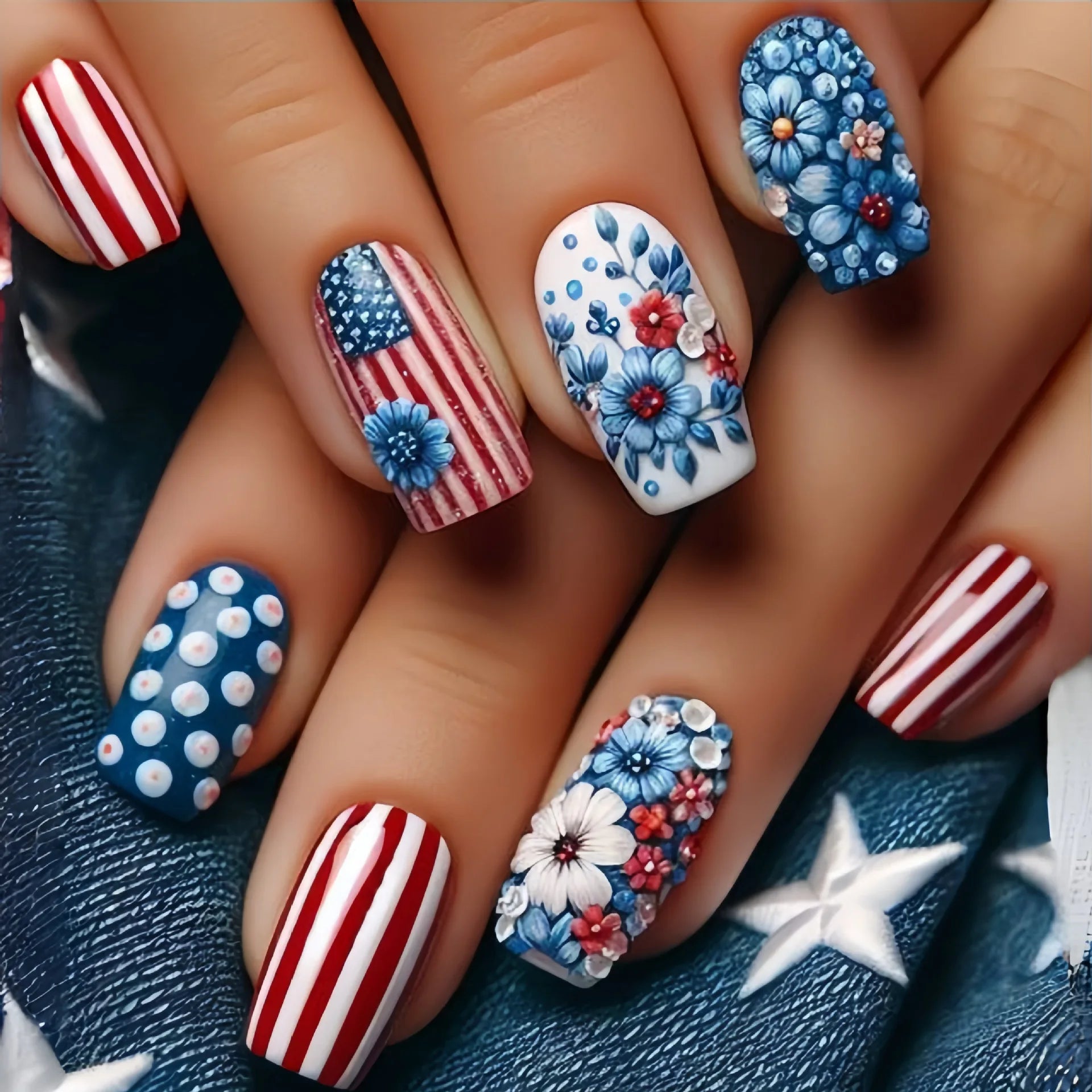 24Pcs Mid-length Square Fake Nails Patch with Plant Flower Pattern False Nails Blue Fashion Removable Nail Tips Finished Summer
