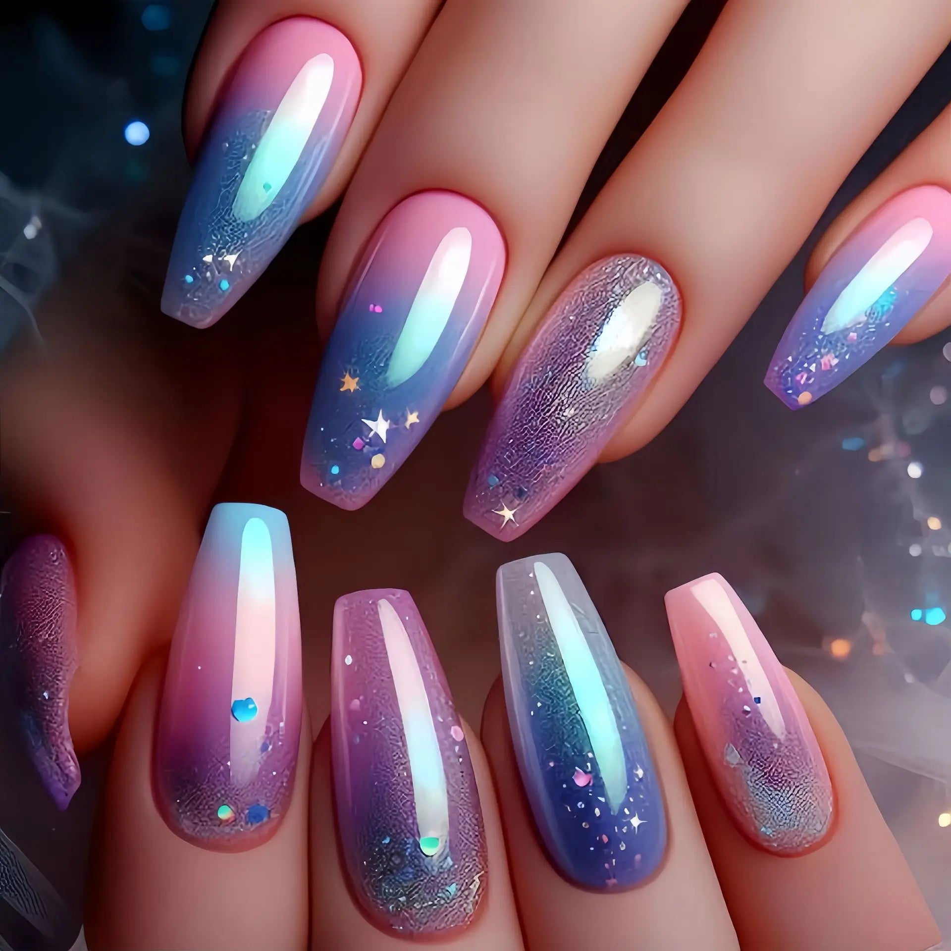 24Pcs Short Colorful Fake Nails French Ballet Star Moon Nail Art Stickers with Shiny Dreamy Wearable Full Cover Finger Press On