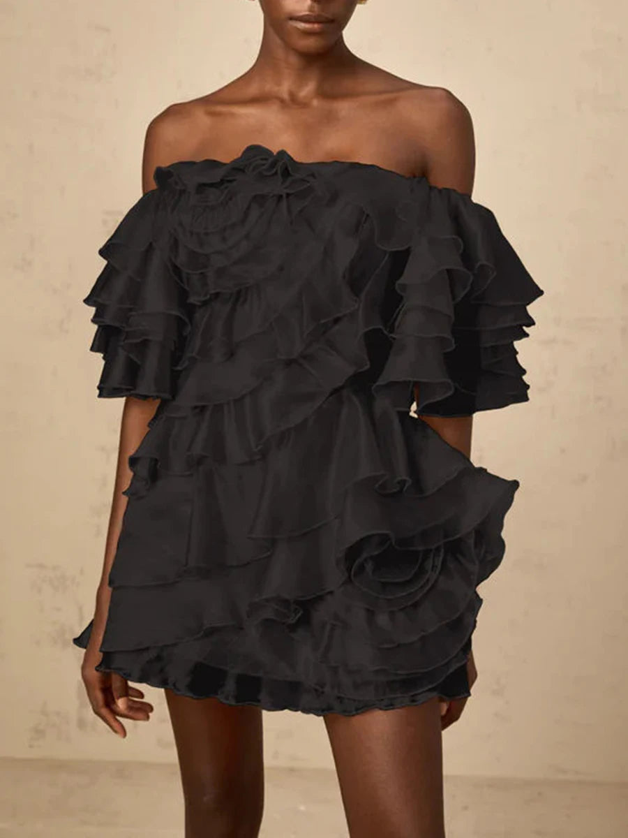 TWOTWINSTYLE Solid Slimming Spliced 3D Flowers Mini Dresses for Women Slash Neck Off Shoulder Patchwork Ruffles Dress Female New