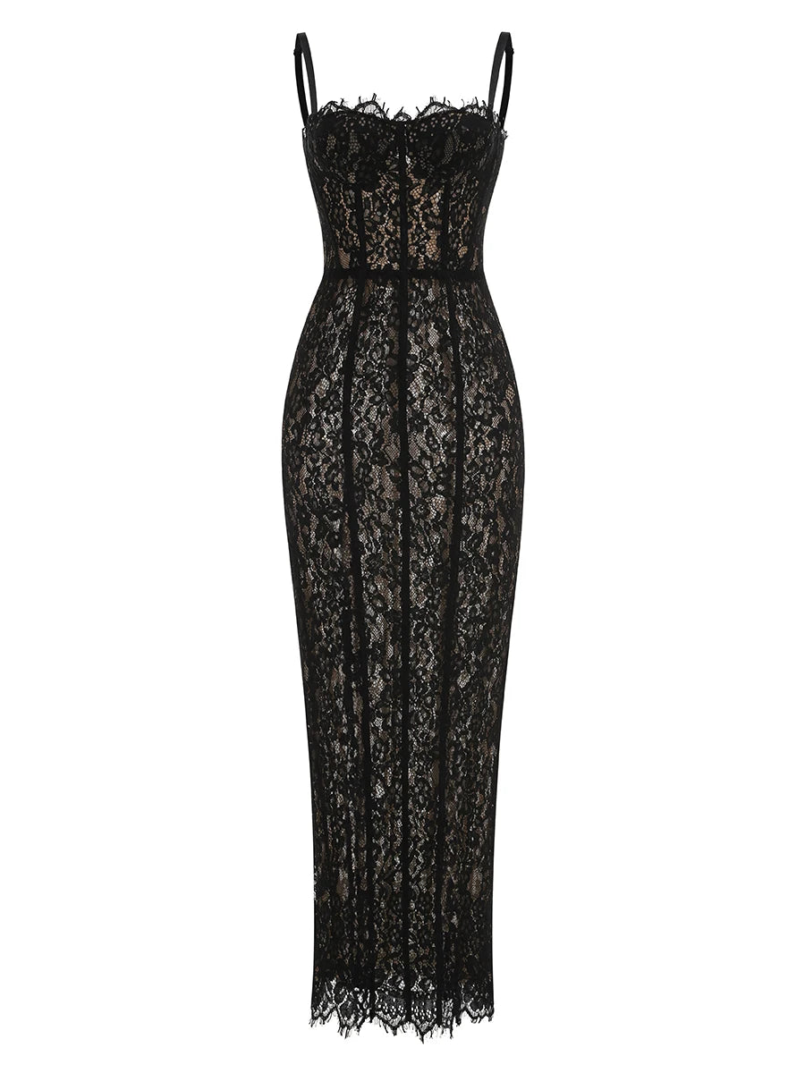 Black Color Women Sleeveless Sexy Strap Square Collar Lace Bodycon Long Dress Nightclub Party Celebrate Evening Outfit