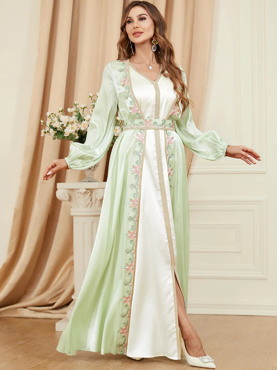 Satin 2 Piece Abaya Set Jilbabs For Woman Dubai Solid Tape Trim Lantern Sleeve V-Neck Elegant Sashes Muslim Long Dress