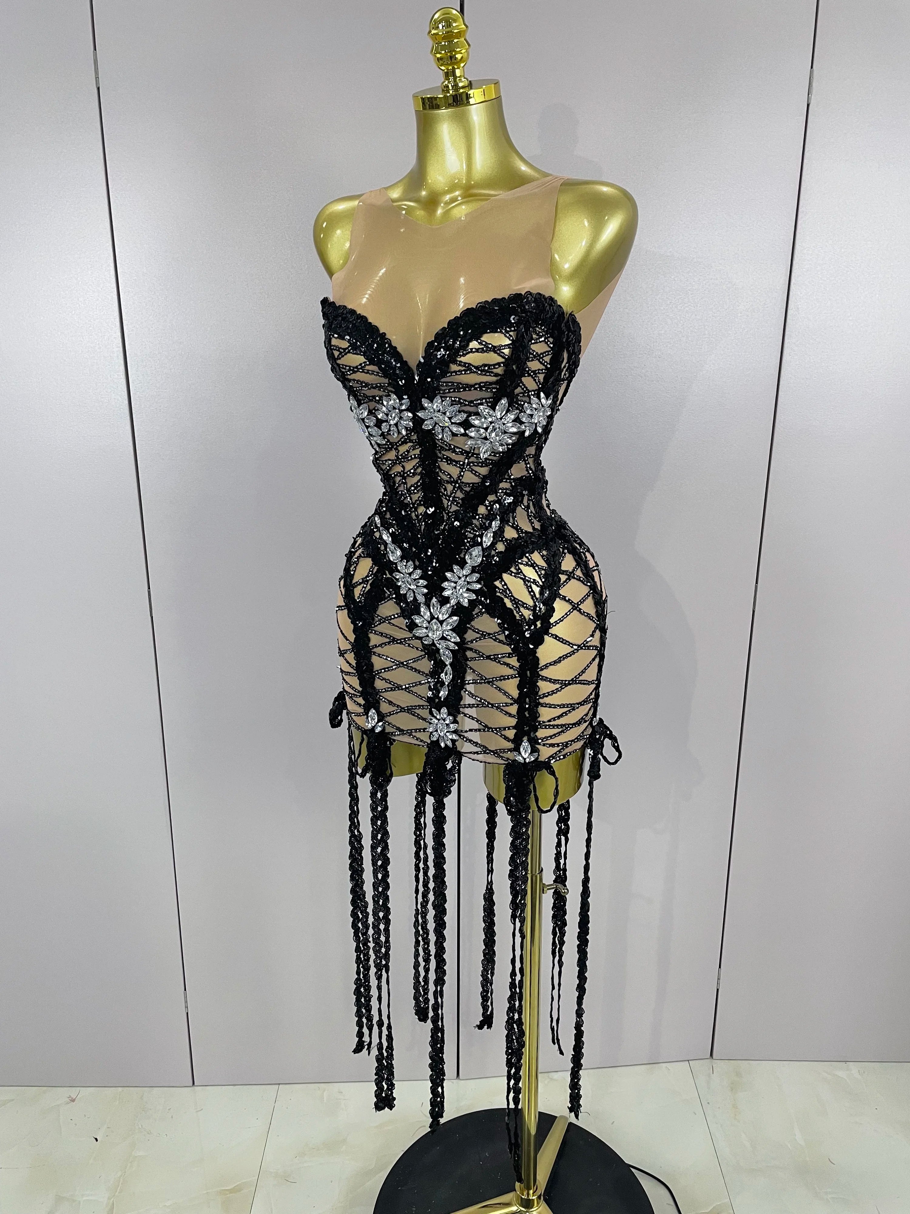 Sparkle Sequins Embroider Sparking Diamonds Long Tassel Sleeveless Mini Dress Women Red Carpet Goddess Stage Performance Costume