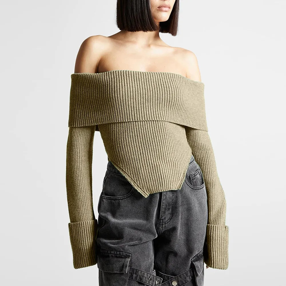 TWOTWINSTYLE Solid Temperament Sweaters For Women Slash Neck Long Sleeve Tunic Irregular Minimalist Sweater Female Fashion Style
