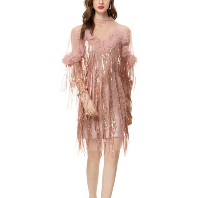 TWOTWINSTYLE Solid Spliced Tassels Elegant Dresses for Women Round Neck Short Sleeves Patchwork Fungus Folds Dress Female New