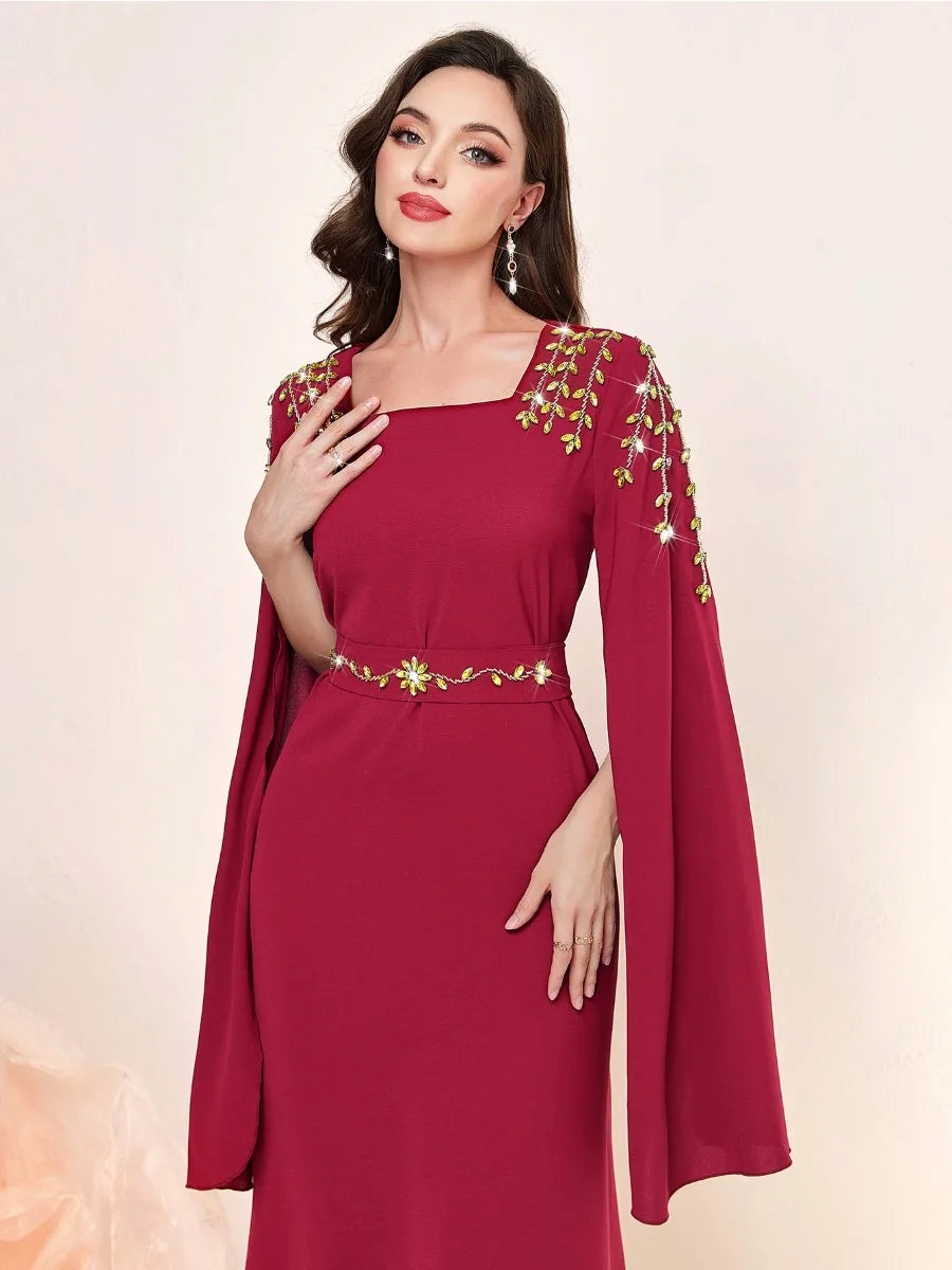 Dubai Fashion Chic Pure Handwork Diamonds Evening Party Gown Super Long Sleeve Square Collar Belted Dress Arab Robe