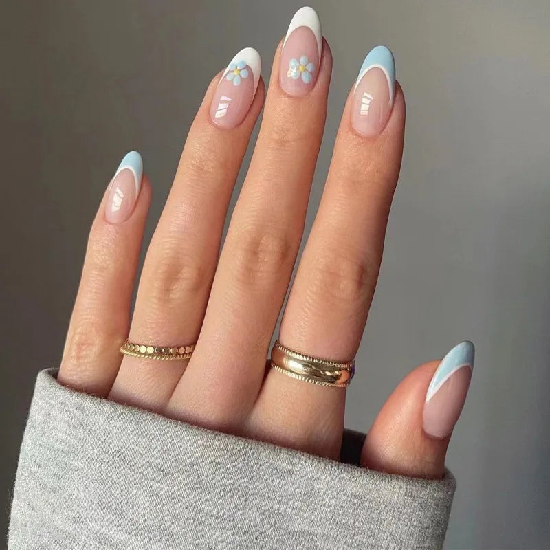24Pcs White Flower Short Almond Press-on Nails Set Glossy Acrylic Full Cover Blue French Fake Nails Arts For Women and Girls