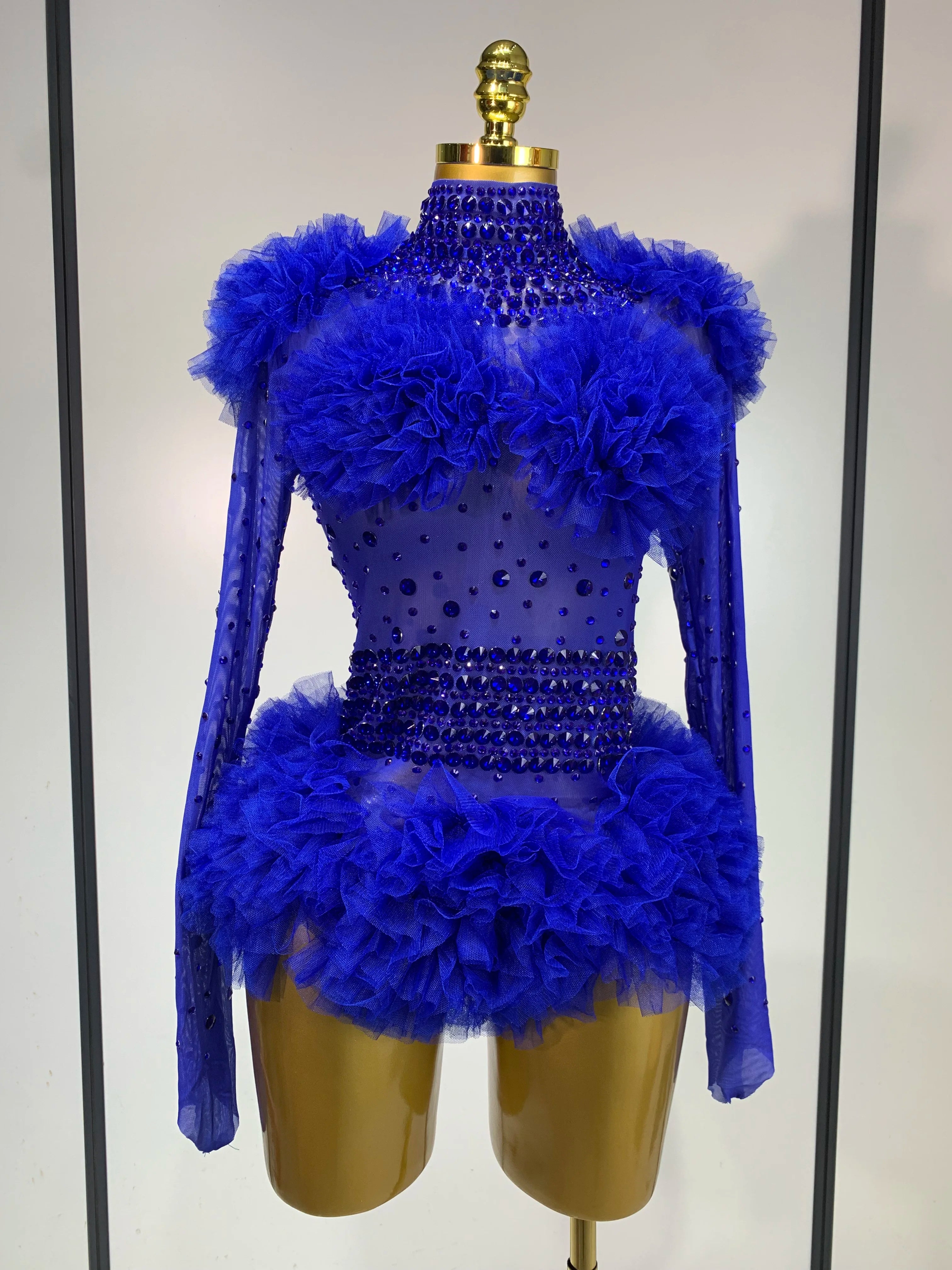 Sexy See Through Luxury Rhinestone Bodysuit Women Sexy Bodycon Mesh Ruffles Performance Dance Singer Nightclub Stage Outfit