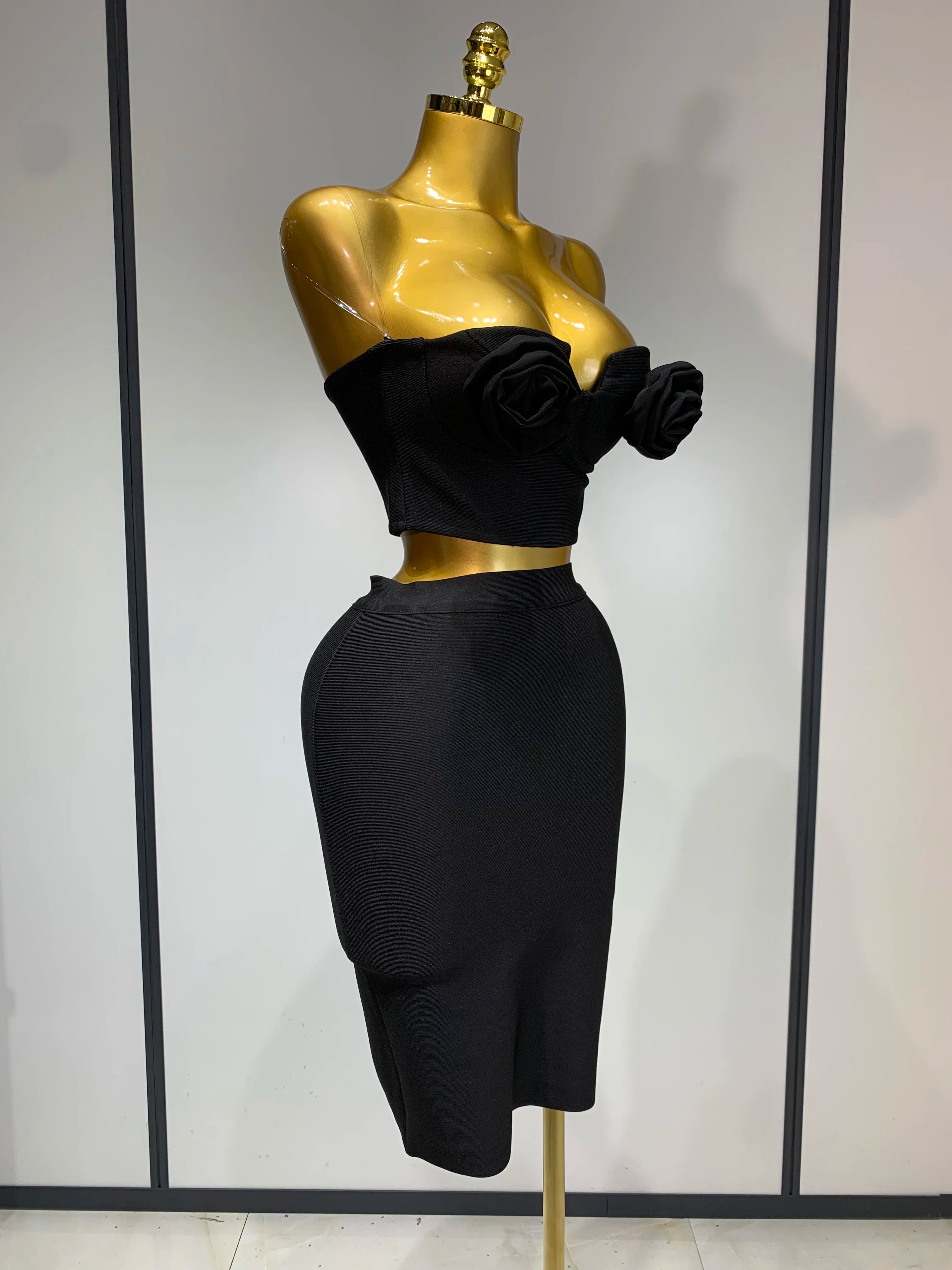 2025 New Arrival Women 3D Flower Black Bodycon Bandage Two Piece Set Designer High Waist Evening Party Club Birthday Skirt Set