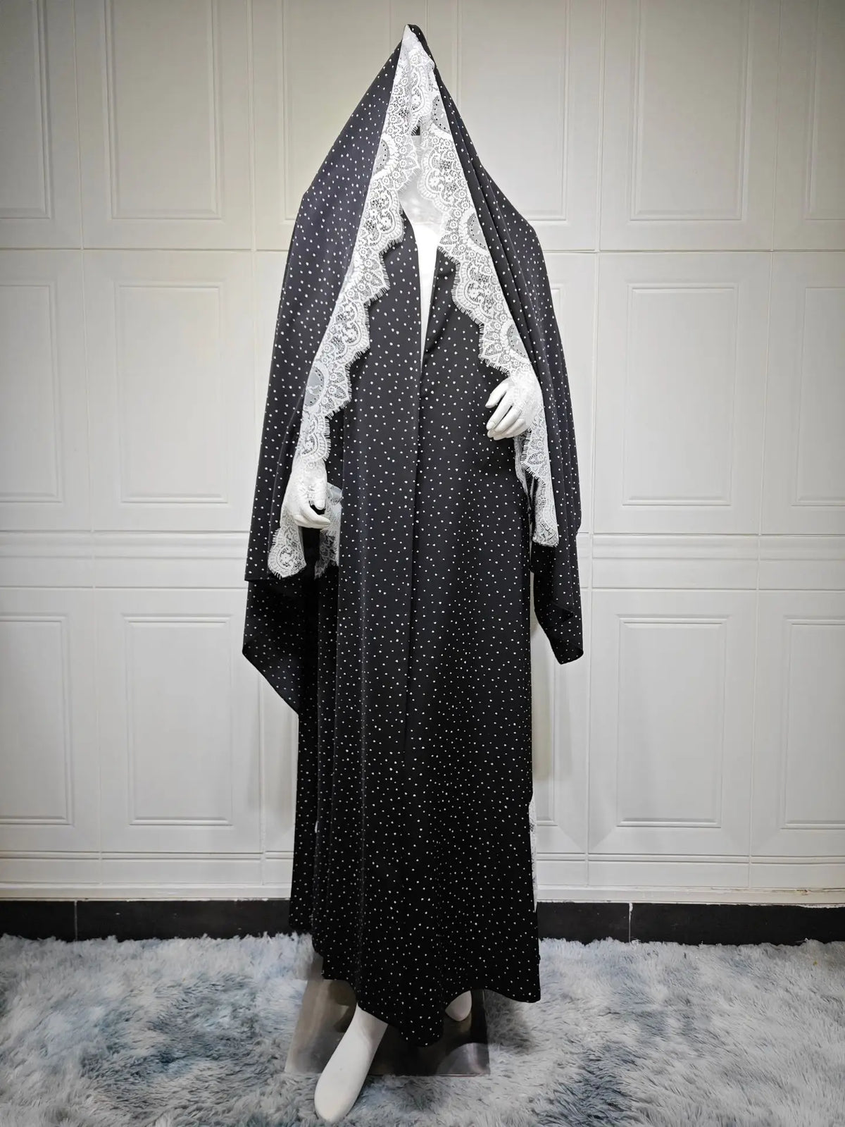 Uni Fashion Muslim Polka Dot Open Abaya Lace Embellished Kaftan Hijab Clothing Women 2026