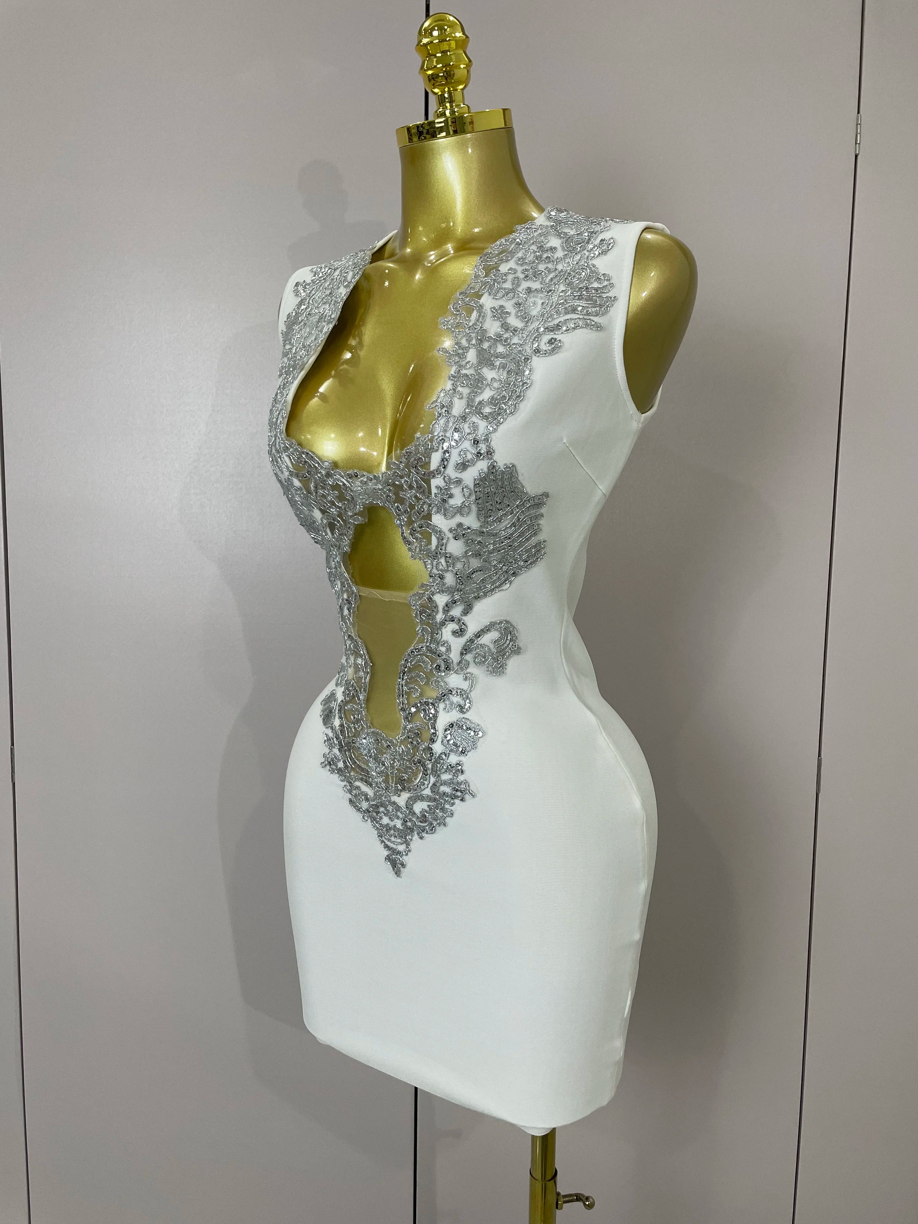 Sexy Silver Sequin White V Neck Cut Out Short Bandage Dress Women 2025 New Elegant Luxury Birthday Party Club Wedding Vestidos